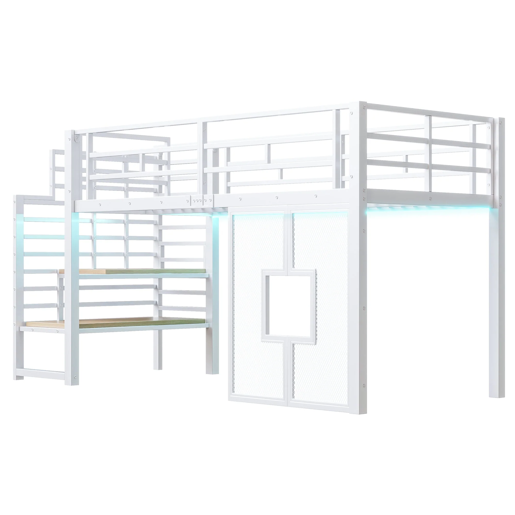 Metal Loft Bed Frame 90x200 cm with Stairs Storage and LED Lighting, White - Image 10