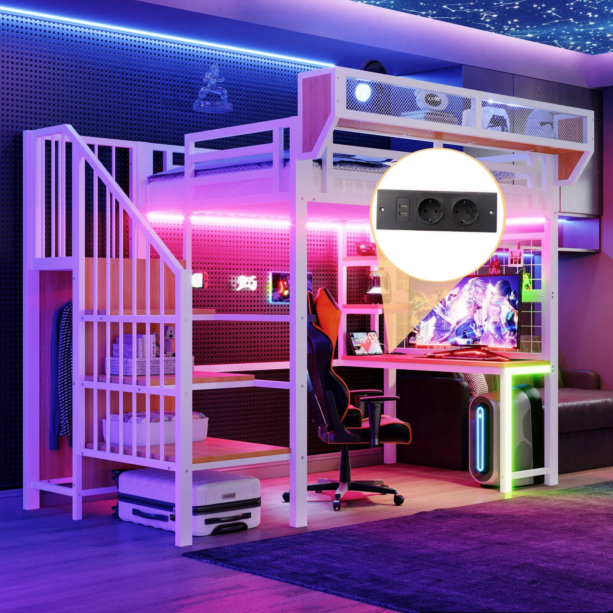 Metal Loft Bed with Desk, Shelf, LED and Socket, 90x200cm, White Metal - Image 6