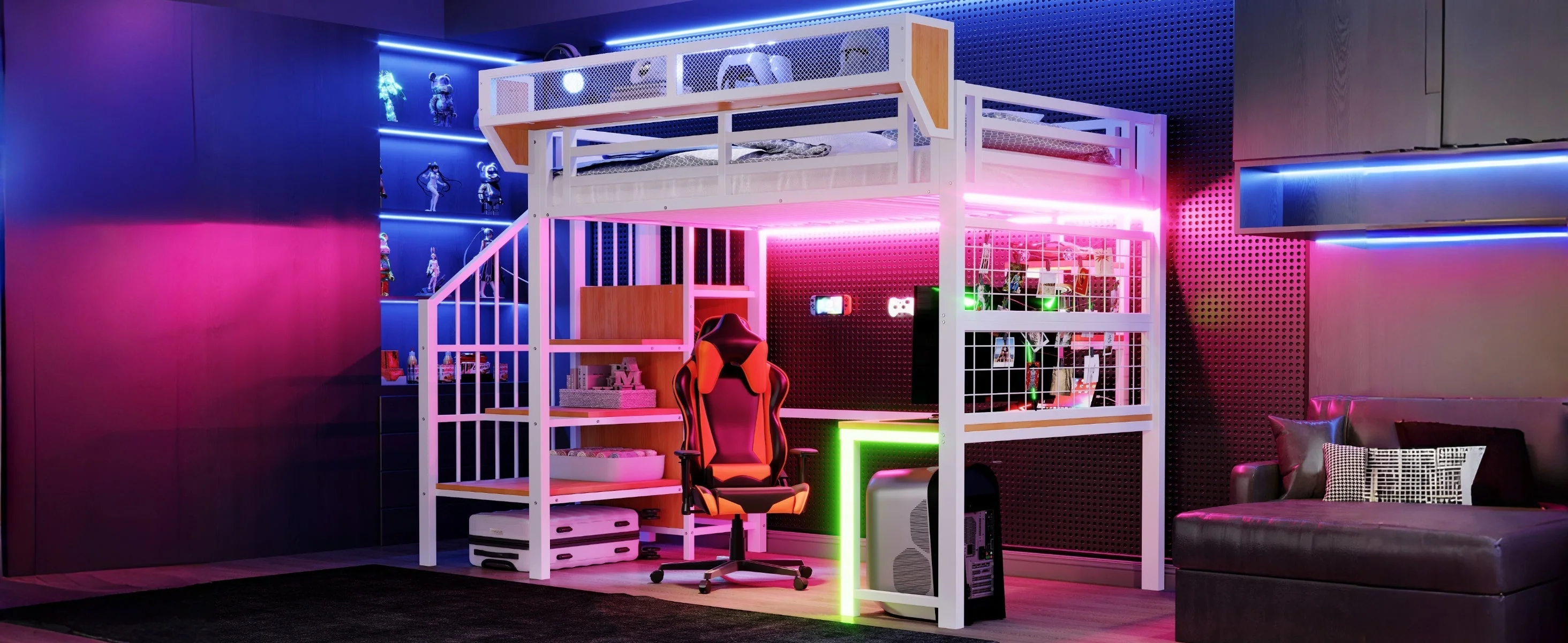 Metal Loft Bed with Desk, Shelf, LED and Socket, 90x200cm, White Metal - Image 9