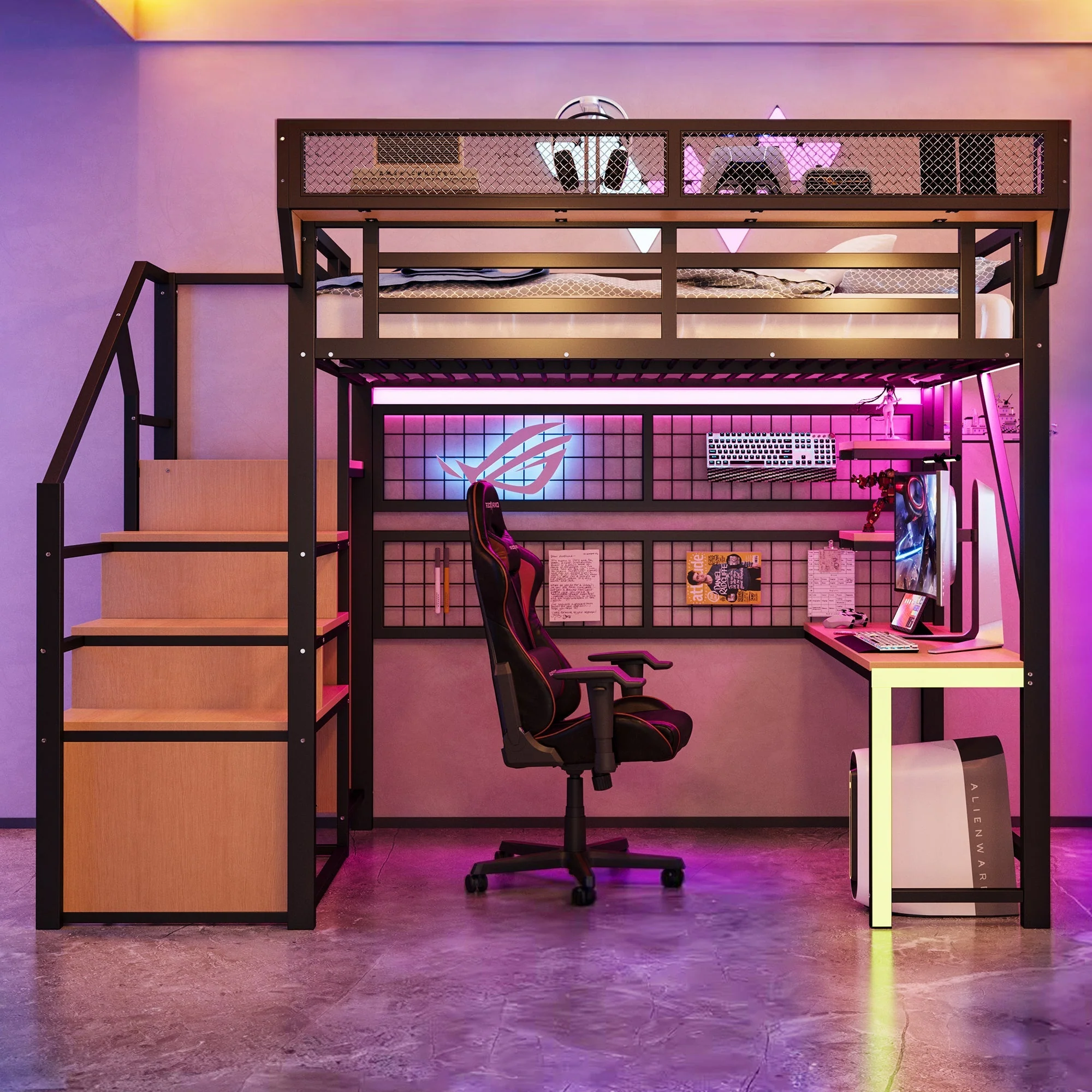 Metal Loft Bed with Desk, Shelf, Storage Net, LED and Socket, 140x200cm, Black Metal - Image 2