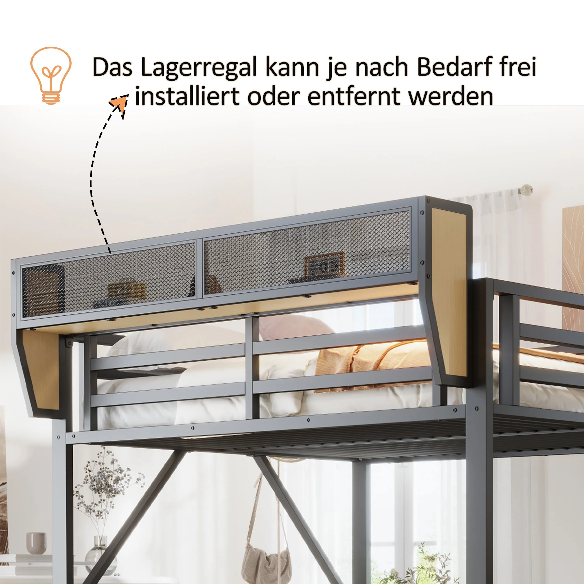Metal Loft Bed with Desk, Shelf, Storage Net, LED and Socket, 140x200cm, Black Metal - Image 4