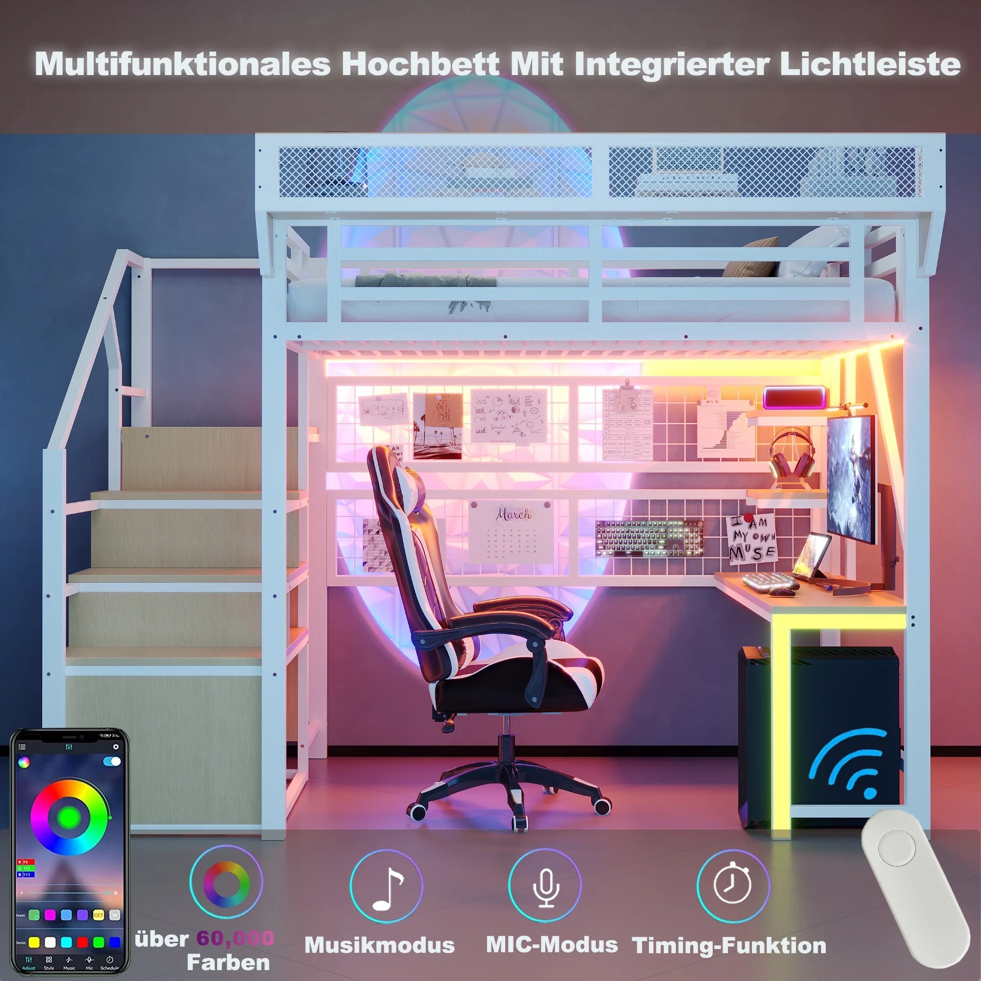 Metal Loft Bed with Desk, Shelf, Storage Net, LED and Socket, 140x200cm, White Metal - Image 5