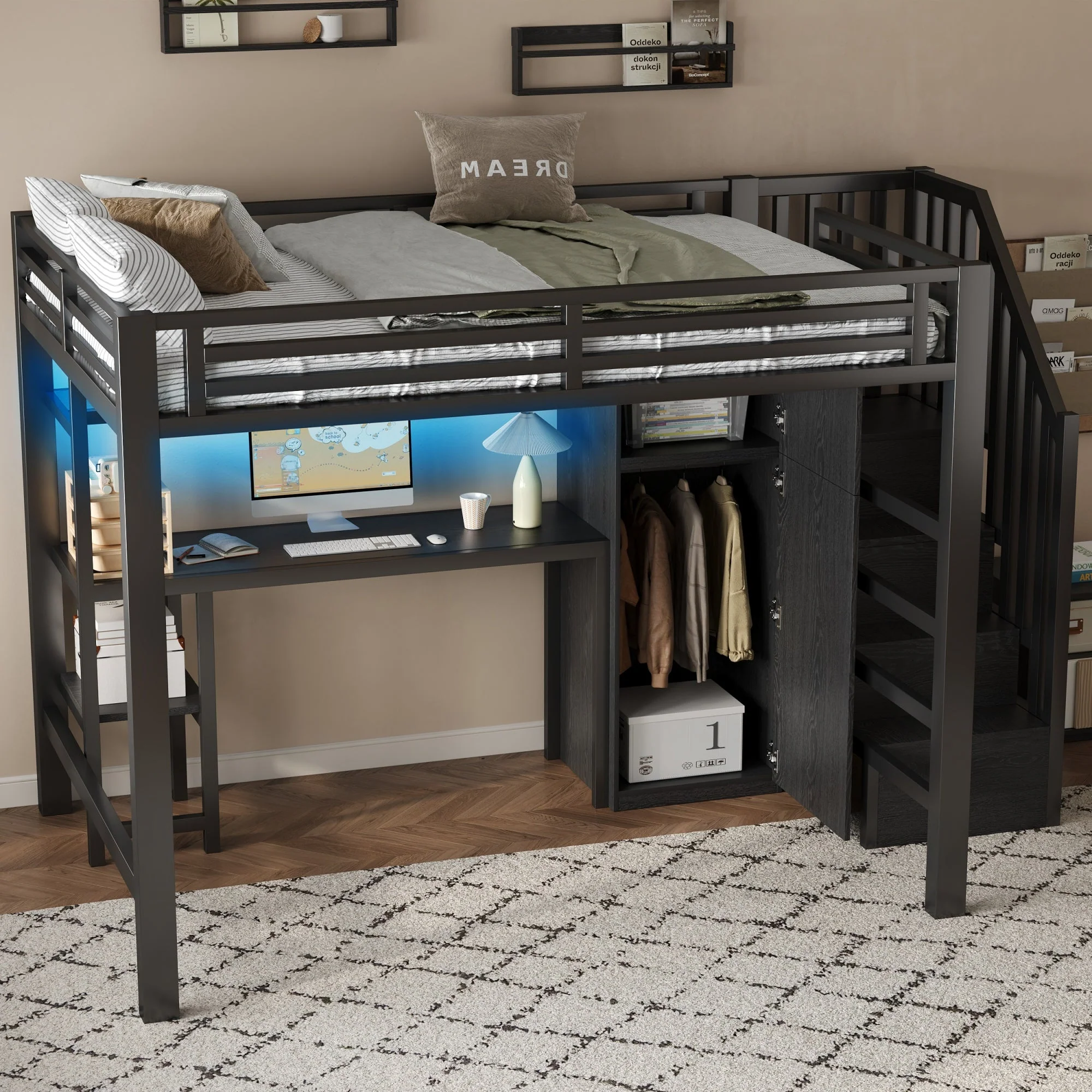 Metal Loft Bed with Desk, Shelf, Wardrobe and Storage Stairs, 140x200cm, Black Metal - Image 3