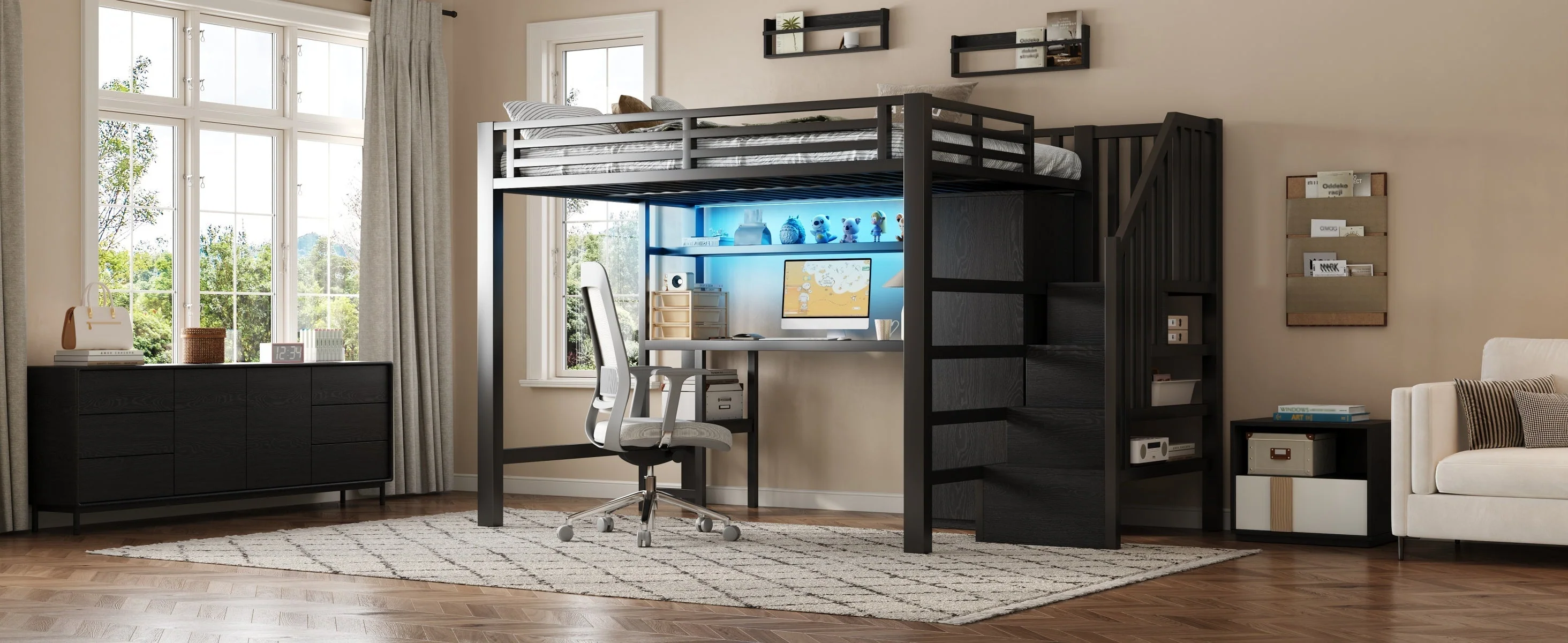 Metal Loft Bed with Desk, Shelf, Wardrobe and Storage Stairs, 140x200cm, Black Metal - Image 7