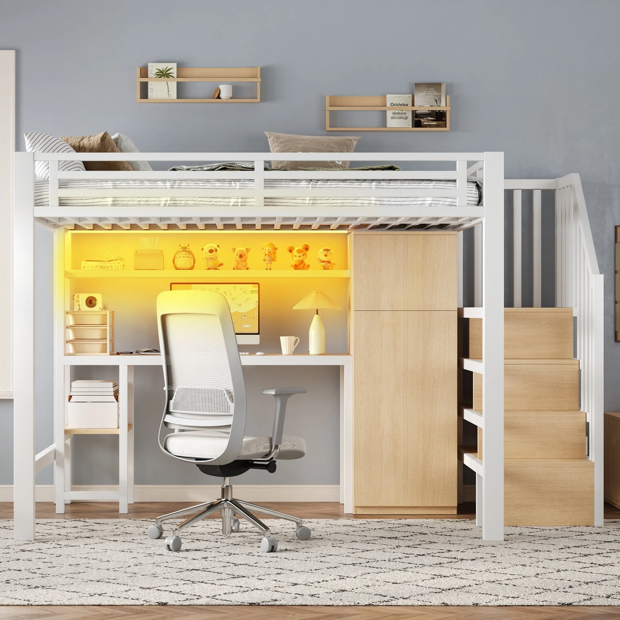 Metal Loft Bed with Desk, Shelf, Wardrobe and Storage Stairs, 140x200cm, White - Image 2