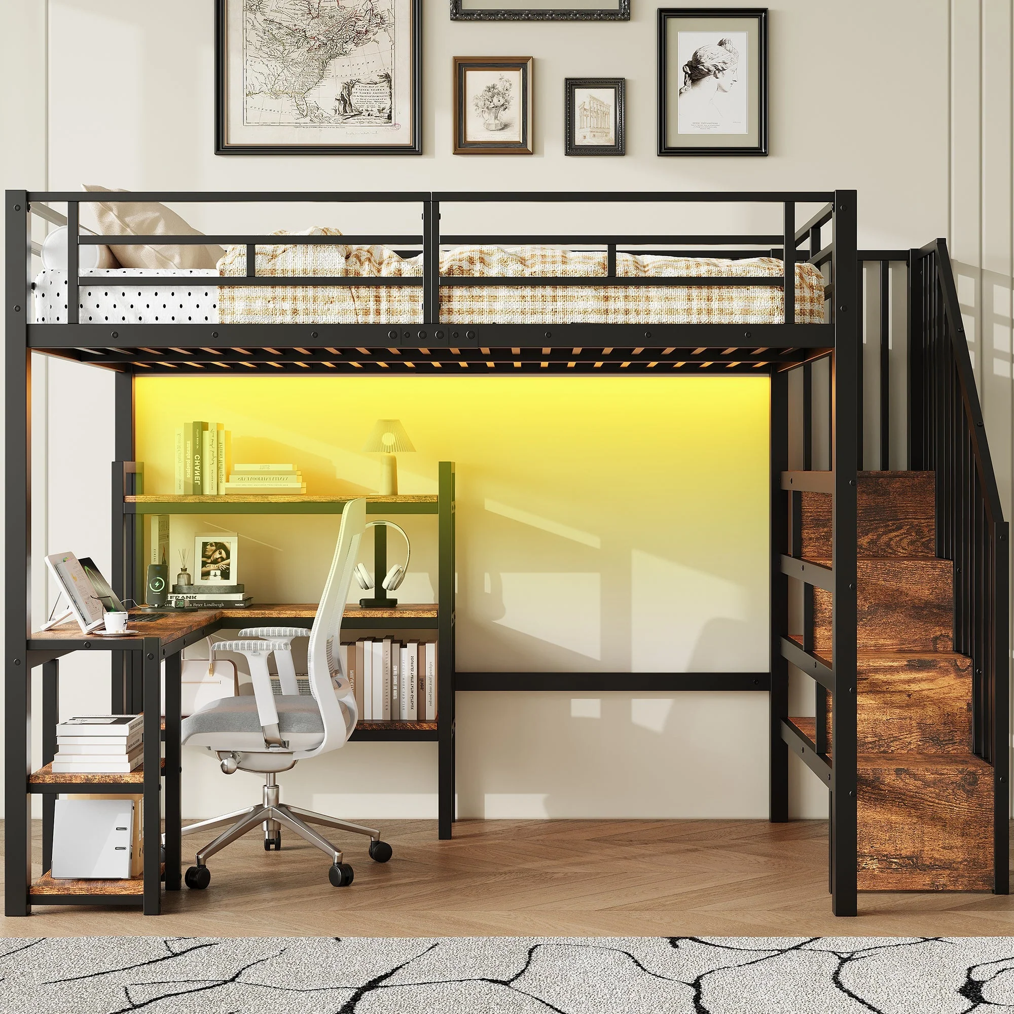 Metal Loft Bed with Desk, Stairs, Storage and LED, 140x200cm, Black - Image 2