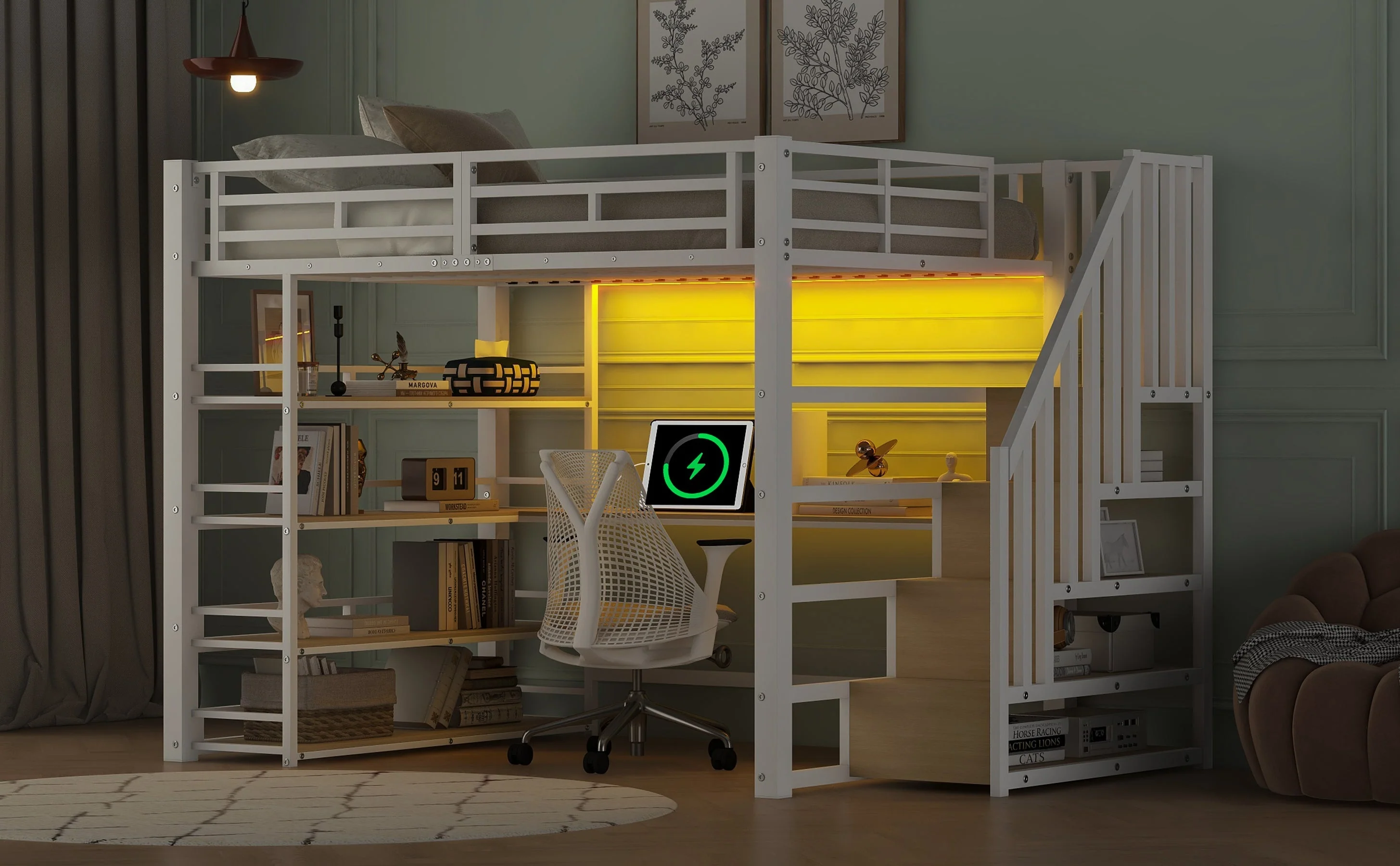 Metal Loft Bed with Desk, Stairs, Storage and LED Light, White - Image 8