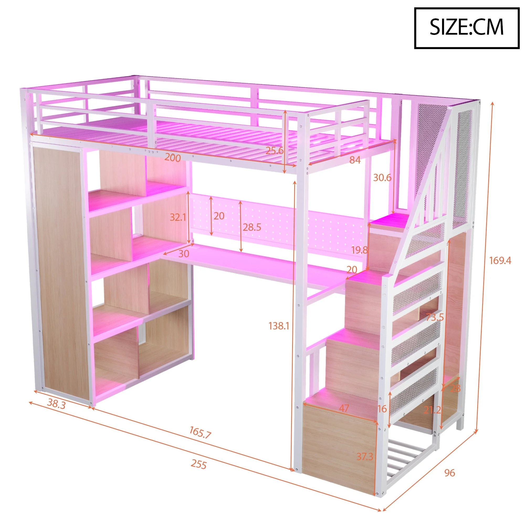 Metal Loft Bed with Desk, Wardrobe and LED Lighting, 90 x 200 cm, White - Image 7