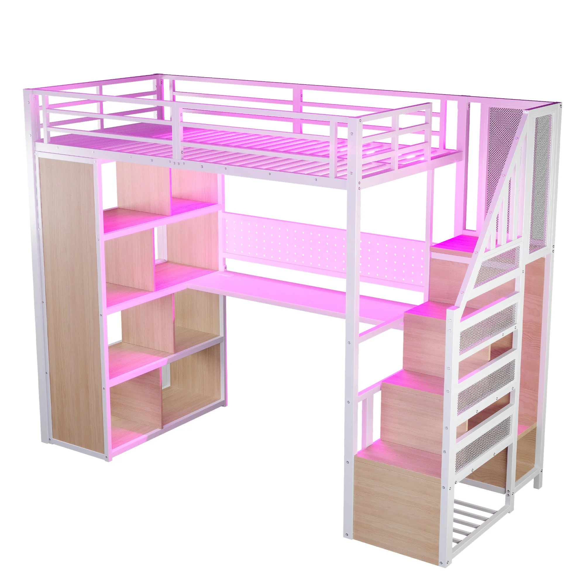 Metal Loft Bed with Desk, Wardrobe and LED Lighting, 90 x 200 cm, White - Image 9