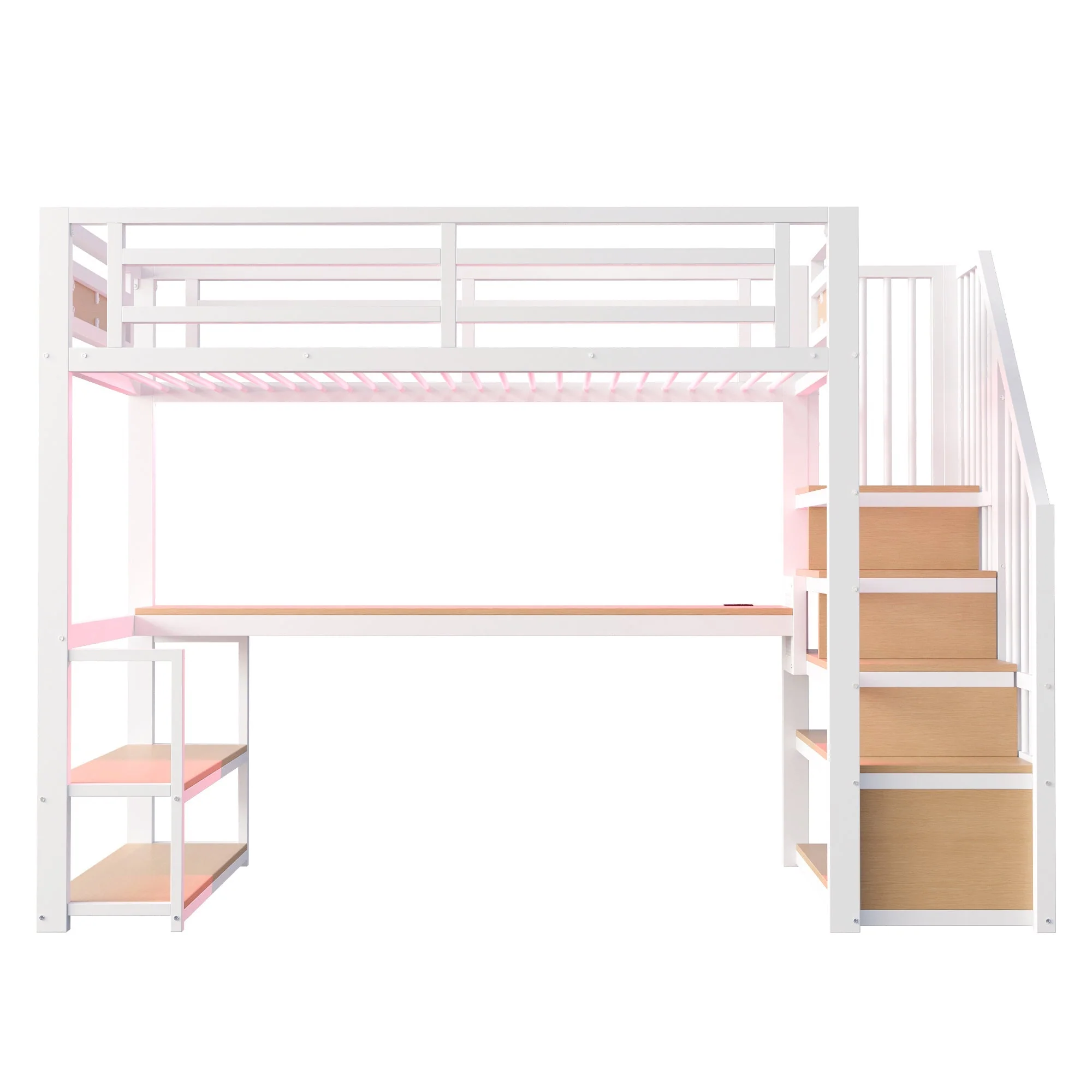 Metal Loft Bed with LED Light, Power Socket, Storage Ladder, Shelves and Desk, 90x200cm, White Metal - Image 9