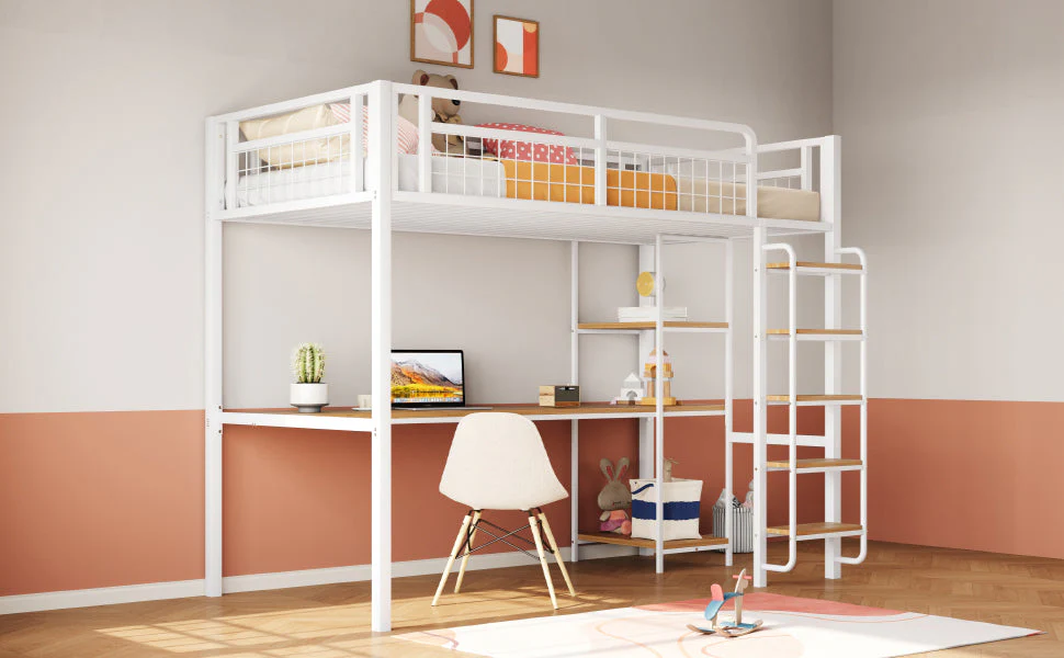 Metal Loft Bed with Safety Ladder, Table & Shelves, White - Image 7