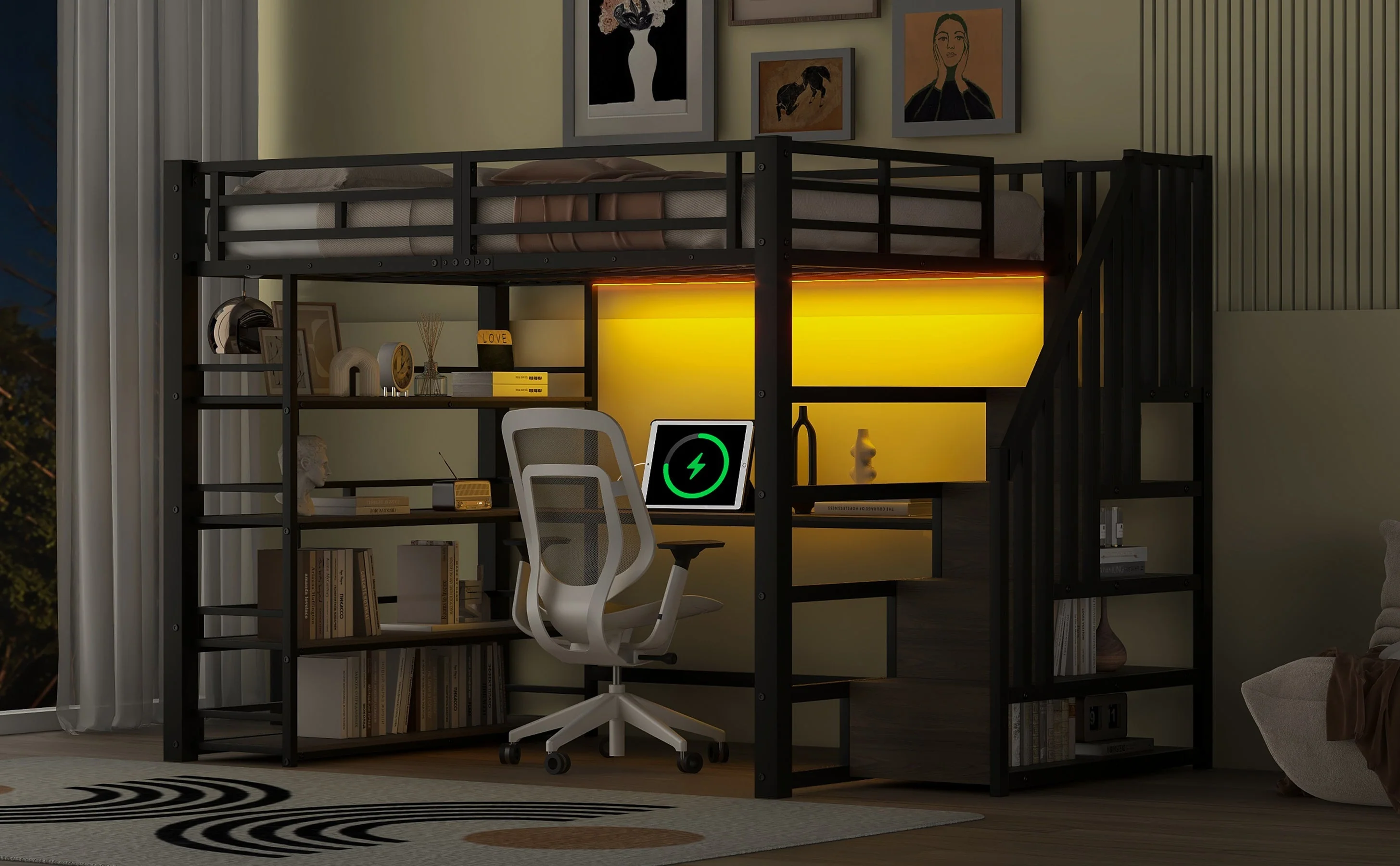 Metal Loft Bed with Stairs, Desk, Storage, USB and LED, 140x200, Black - Image 10