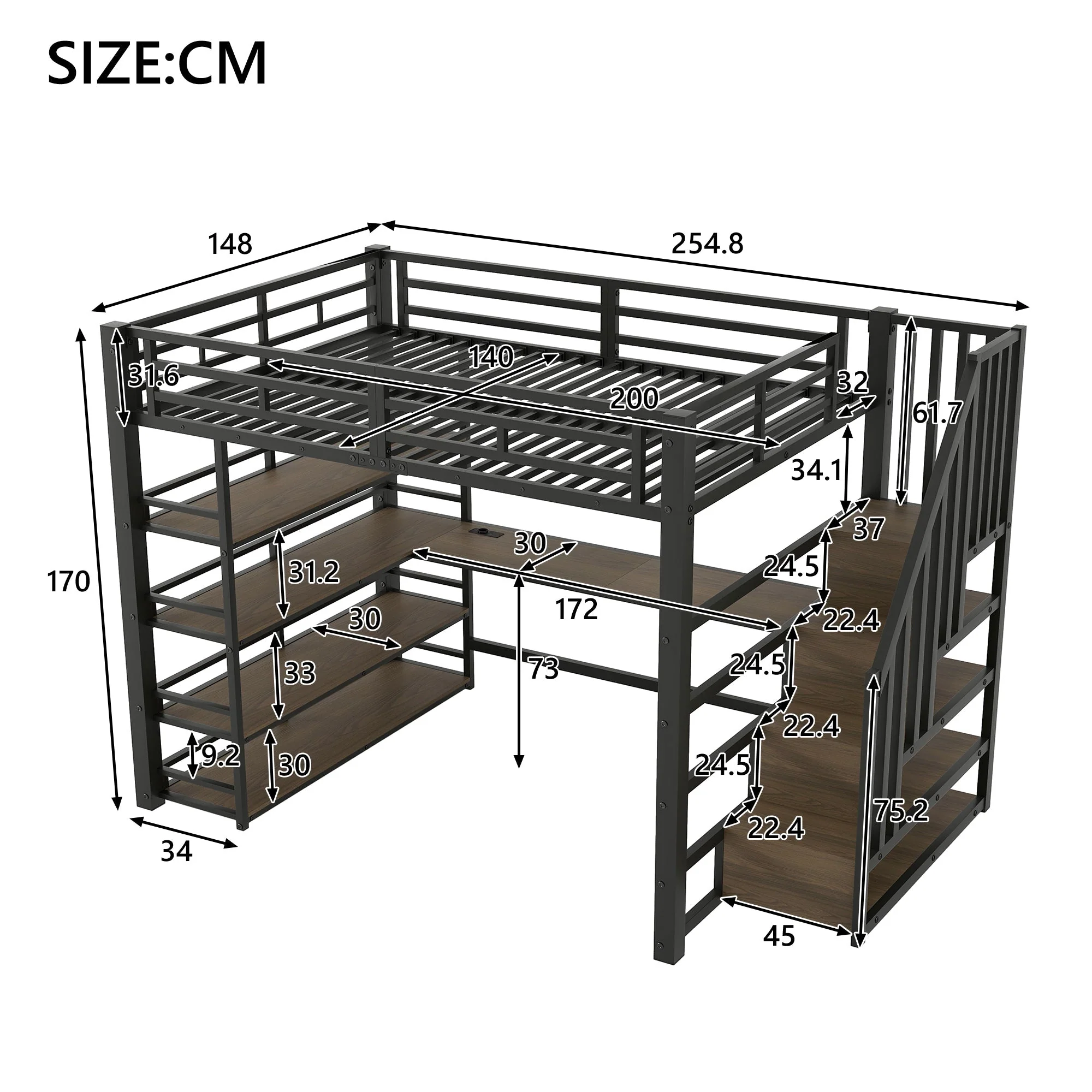 Metal Loft Bed with Stairs, Desk, Storage, USB and LED, 140x200, Black - Image 5