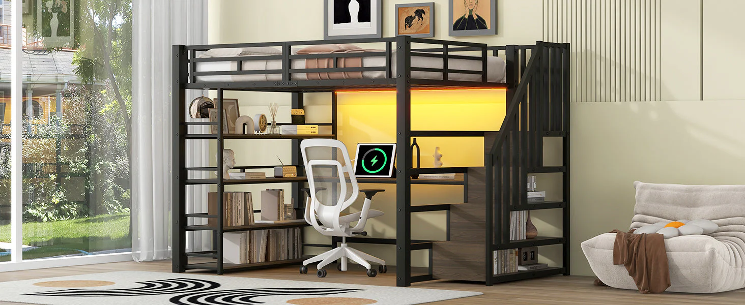 Metal Loft Bed with Stairs, Desk, Storage, USB and LED, 140x200, Black - Image 7