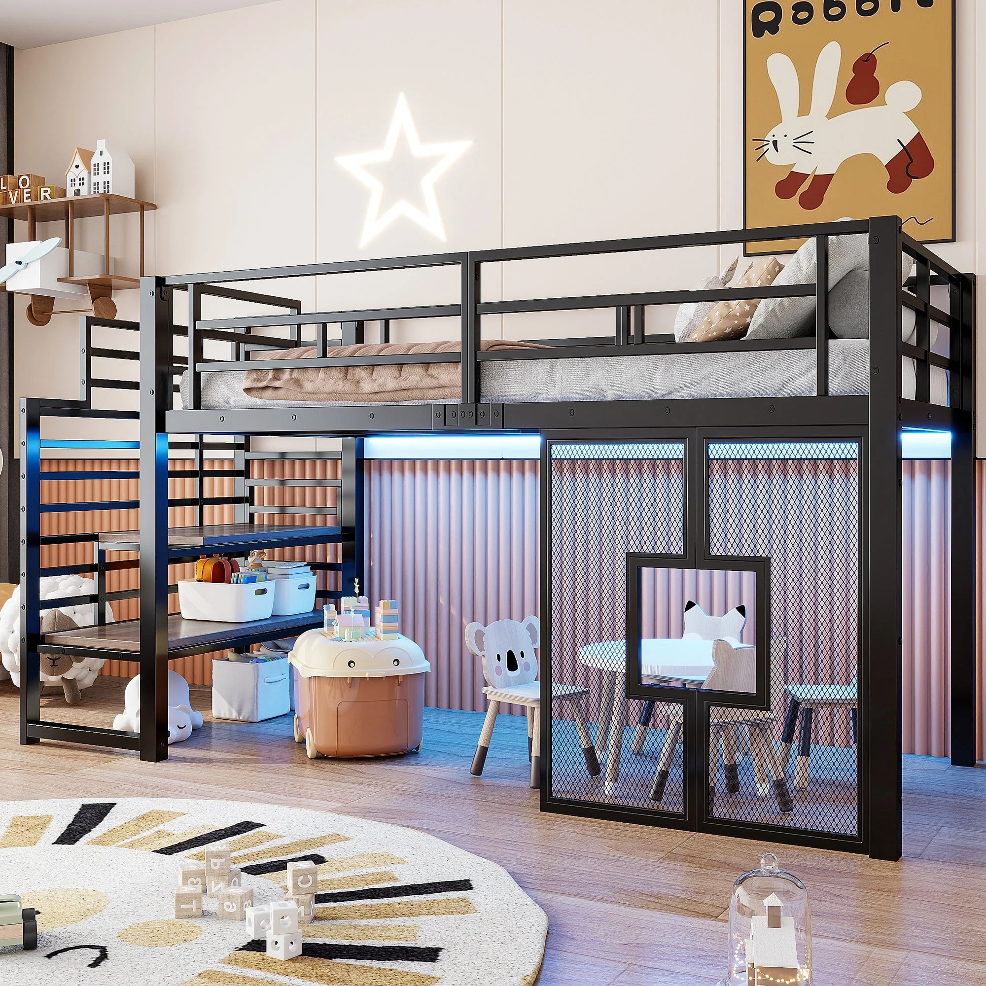 Metal Loft Bed with Stairs, Storage, LED Lighting and Windows, 90x200 cm, Black - Image 2
