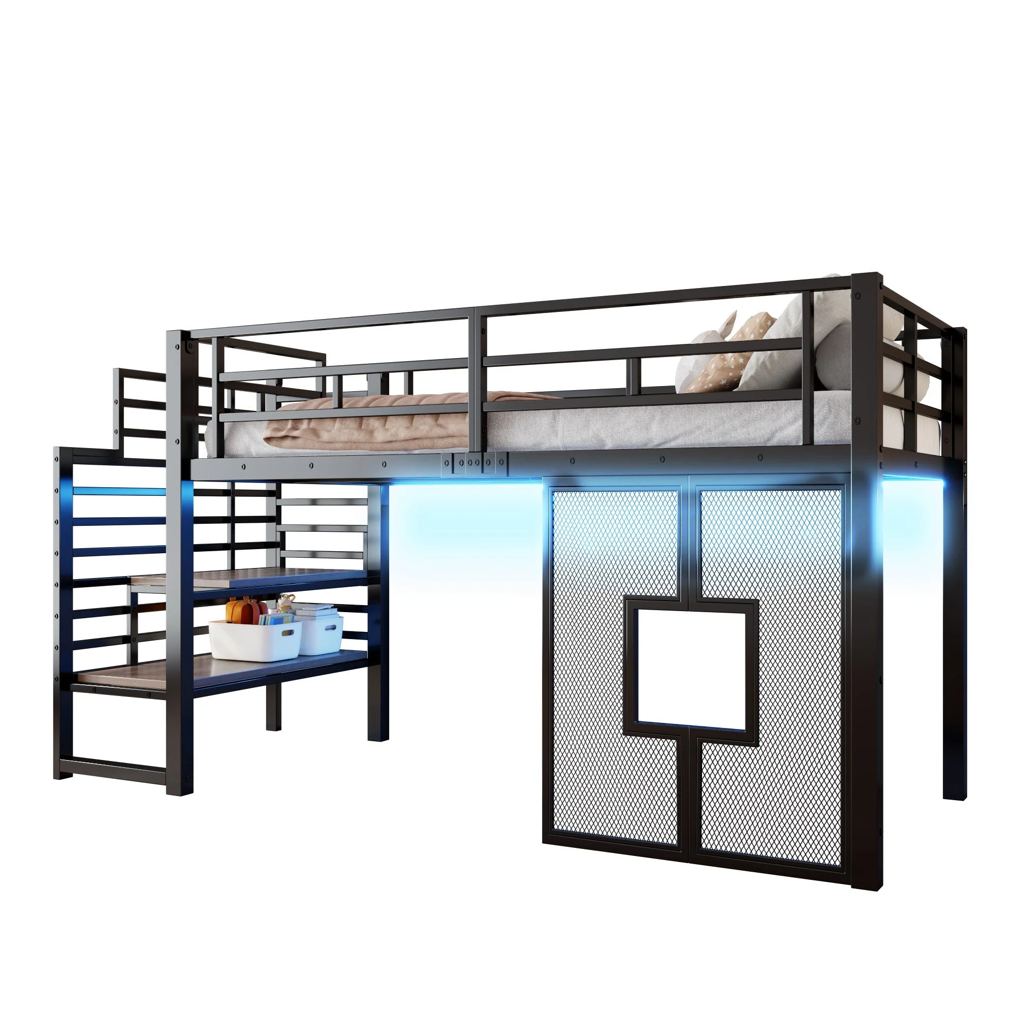 Metal Loft Bed with Stairs, Storage, LED Lighting and Windows, 90x200 cm, Black - Image 5