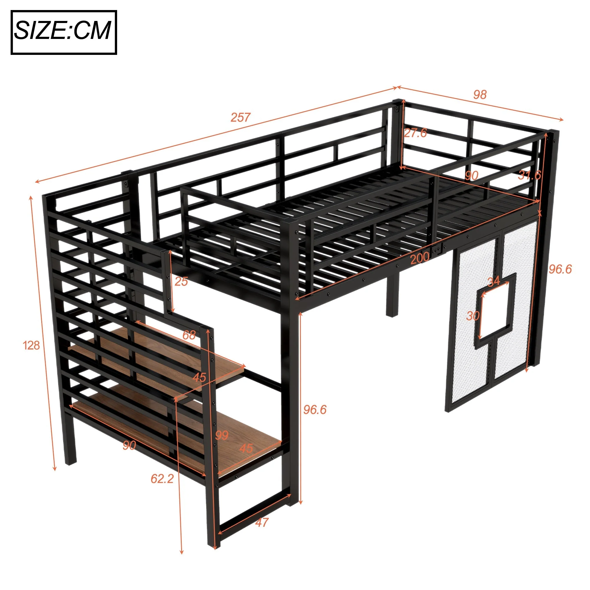 Metal Loft Bed with Stairs, Storage, LED Lighting and Windows, 90x200 cm, Black - Image 6