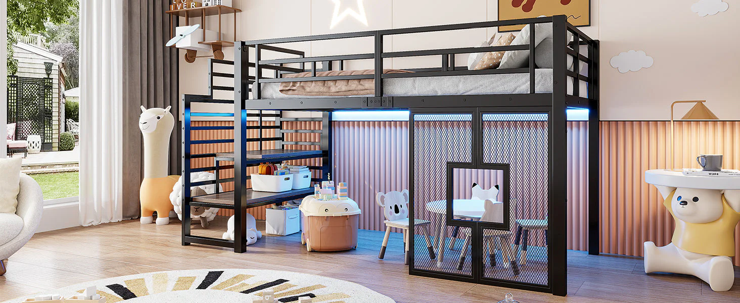 Metal Loft Bed with Stairs, Storage, LED Lighting and Windows, 90x200 cm, Black - Image 9