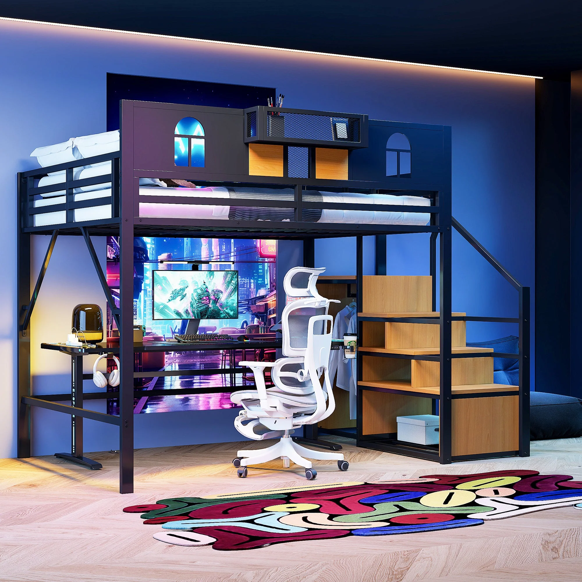 Metal Loft Bed with Storage Ladder & Desk, 140x200cm, Black - Image 2