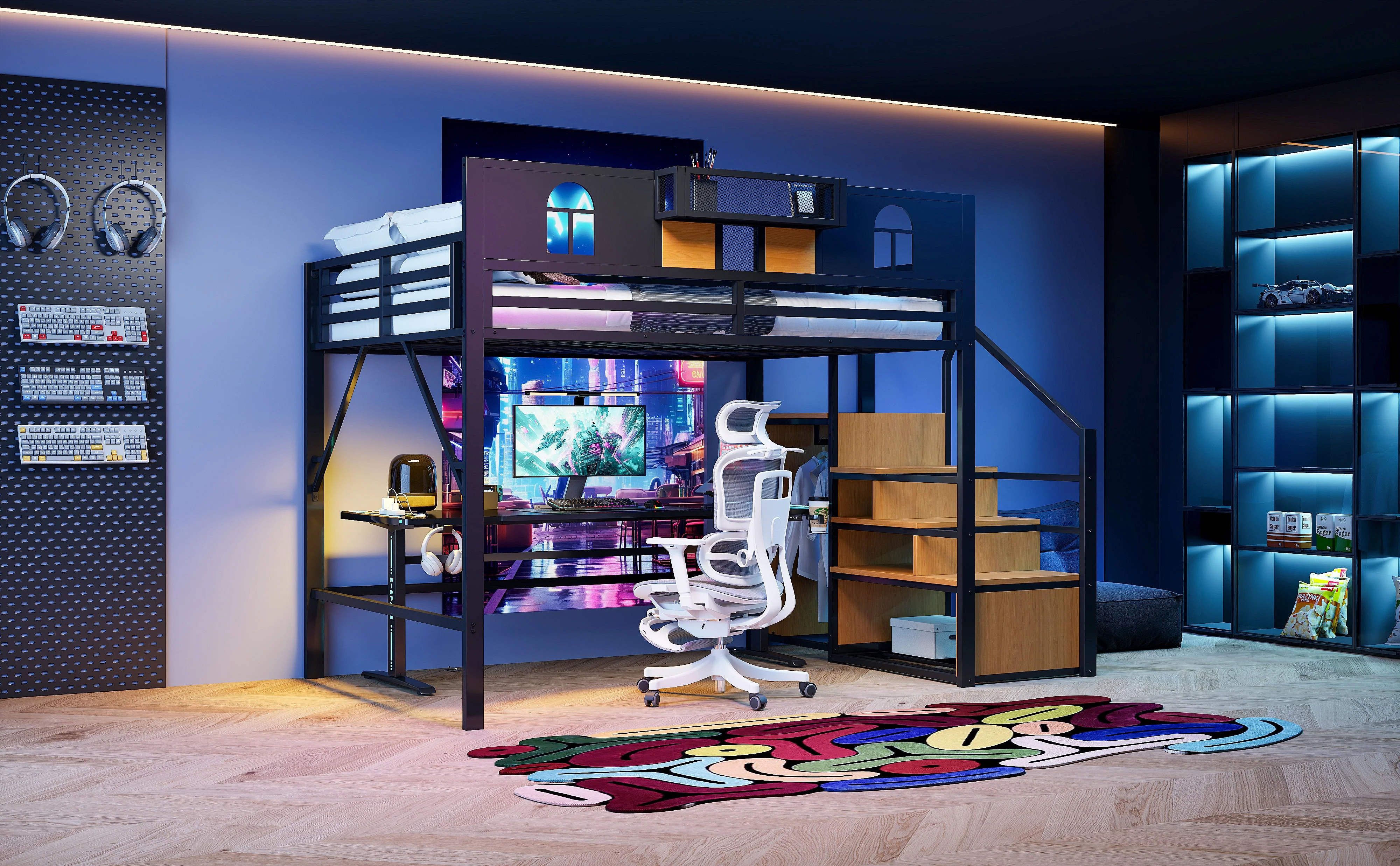 Metal Loft Bed with Storage Ladder & Desk, 140x200cm, Black - Image 8