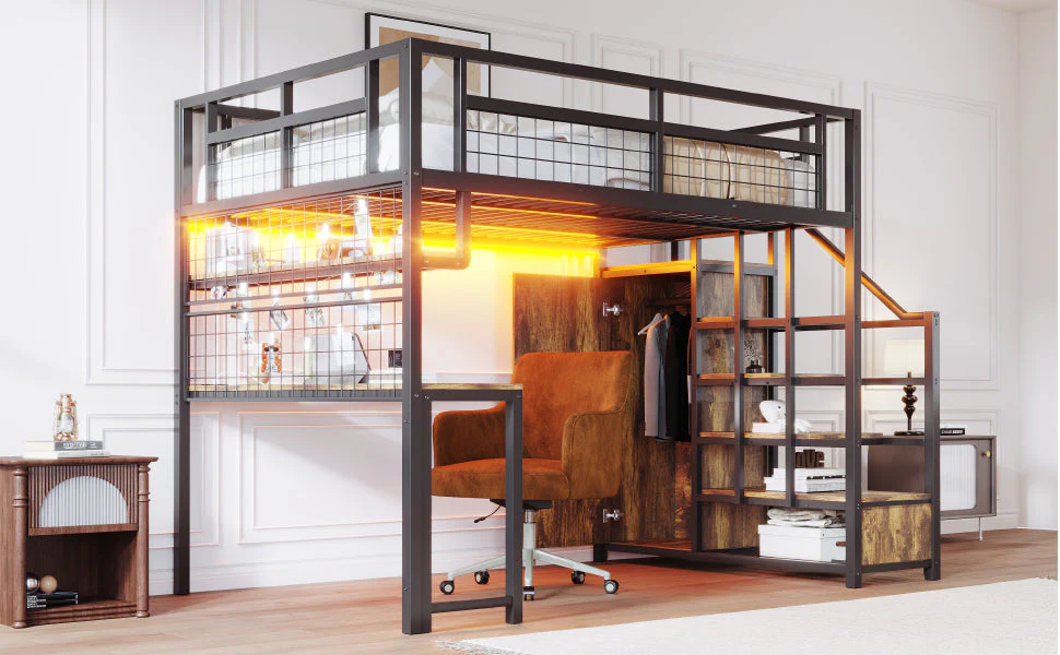 Metal Loft Bed with Storage Ladder, Wardrobe, Table, Shelf and LED, 140x200cm, Black Metal - Image 6