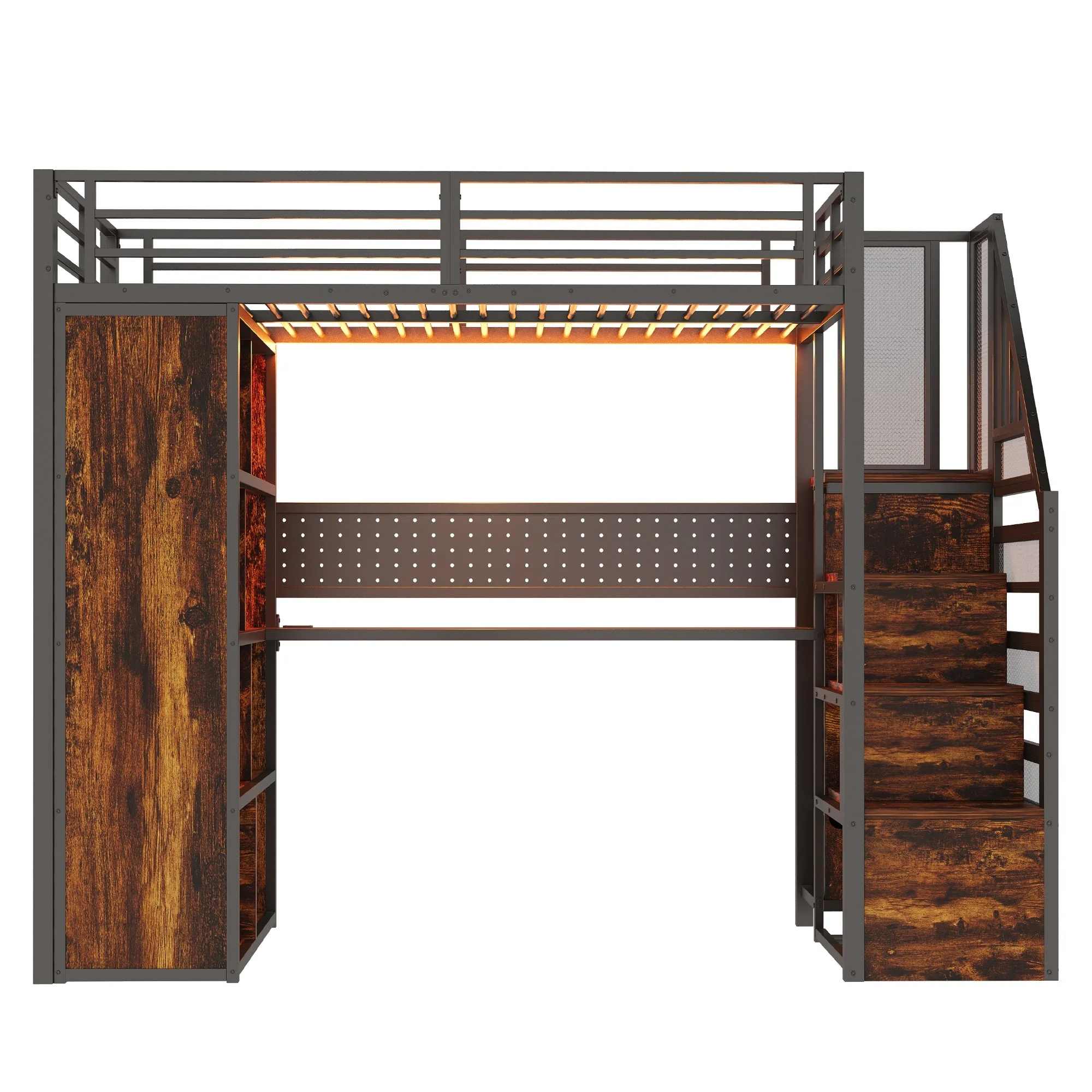 Metal Loft Bed with Wardrobe, Desk and LED Light Strip, Black Metal - Image 9