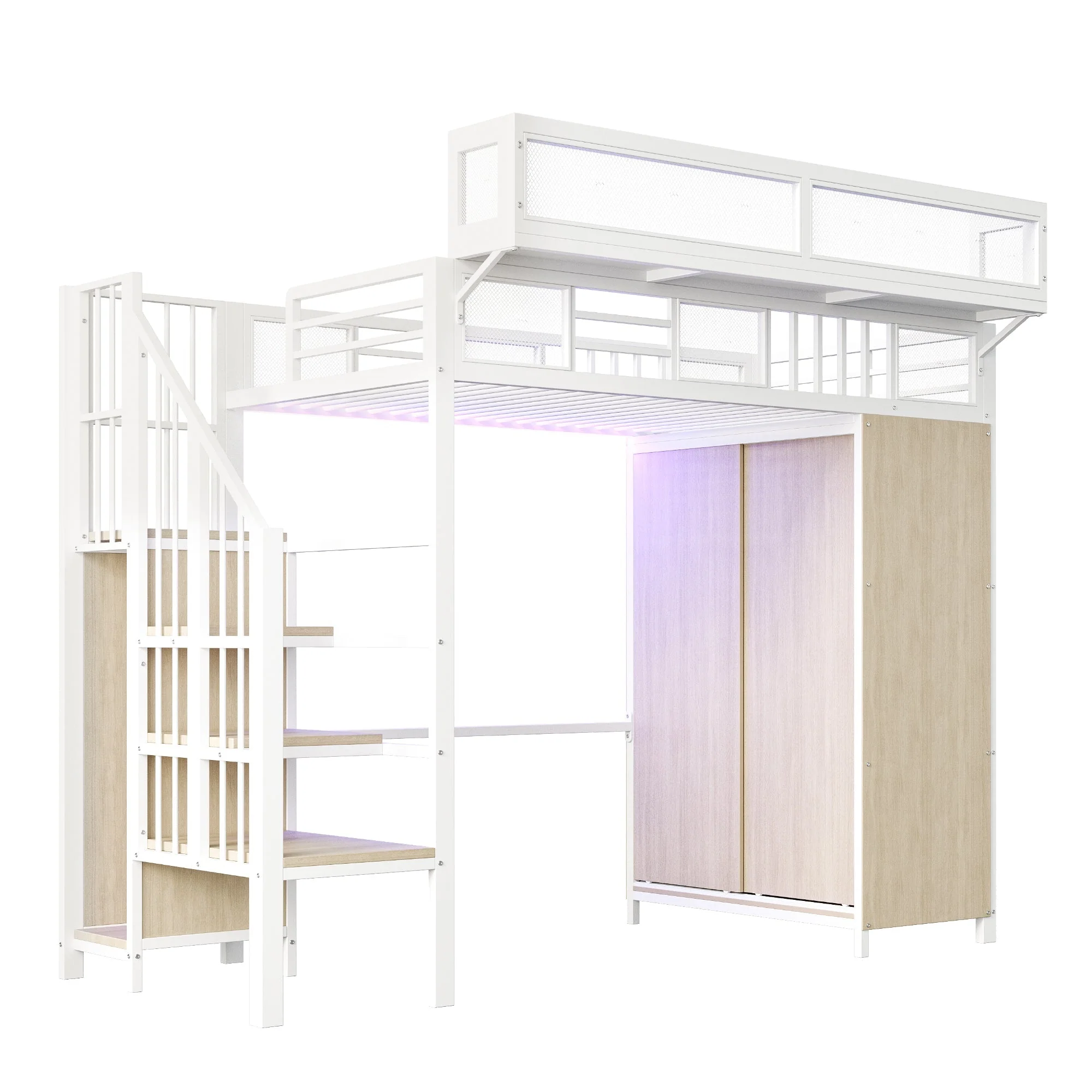 Metal Loft Bed with Wardrobe, Safety Ladder and LED Lighting, White - Image 10