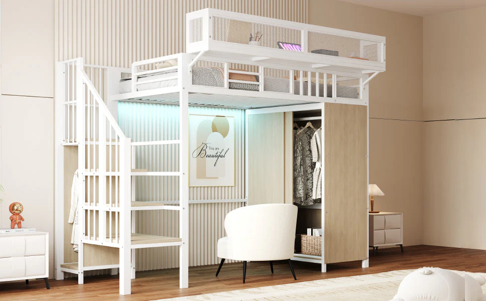 Metal Loft Bed with Wardrobe, Safety Ladder and LED Lighting, White - Image 5