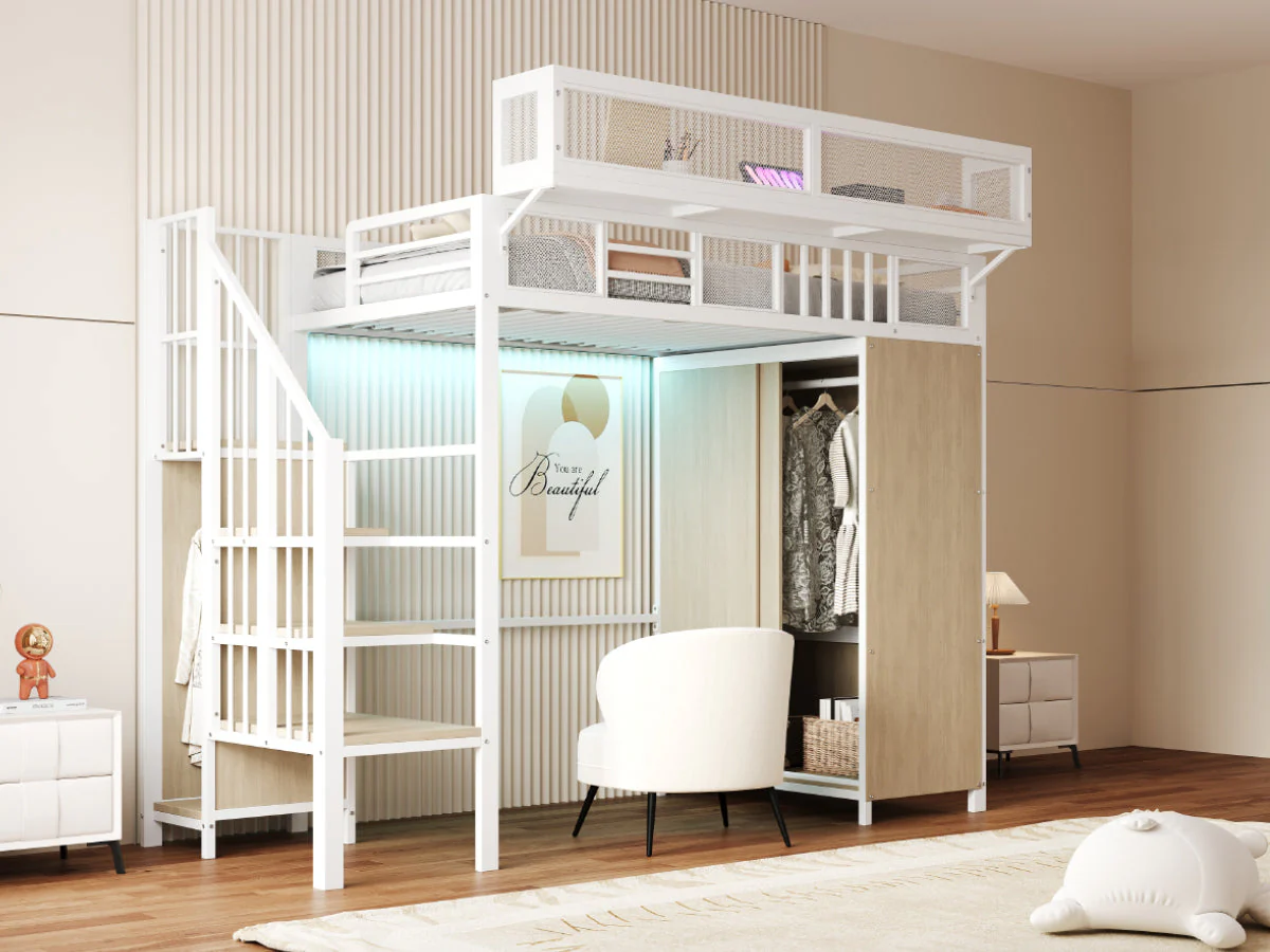 Metal Loft Bed with Wardrobe, Safety Ladder and LED Lighting, White - Image 6