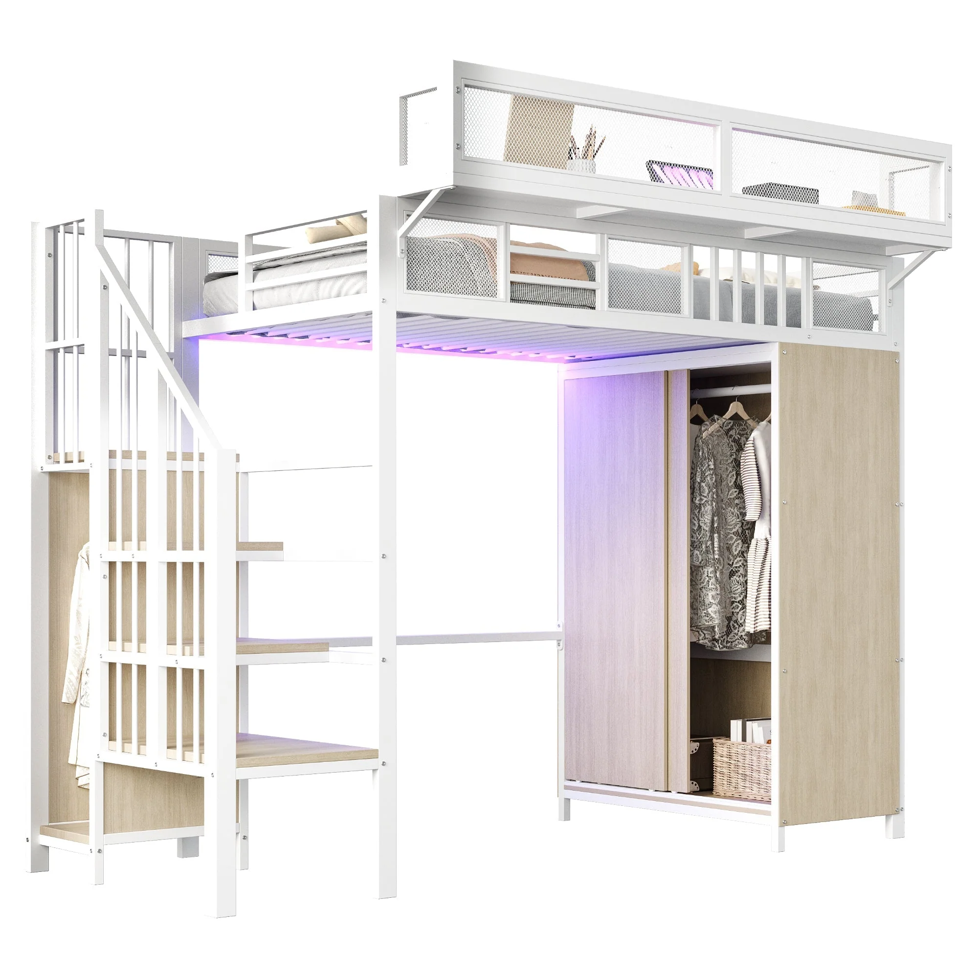 Metal Loft Bed with Wardrobe, Safety Ladder and LED Lighting, White - Image 8