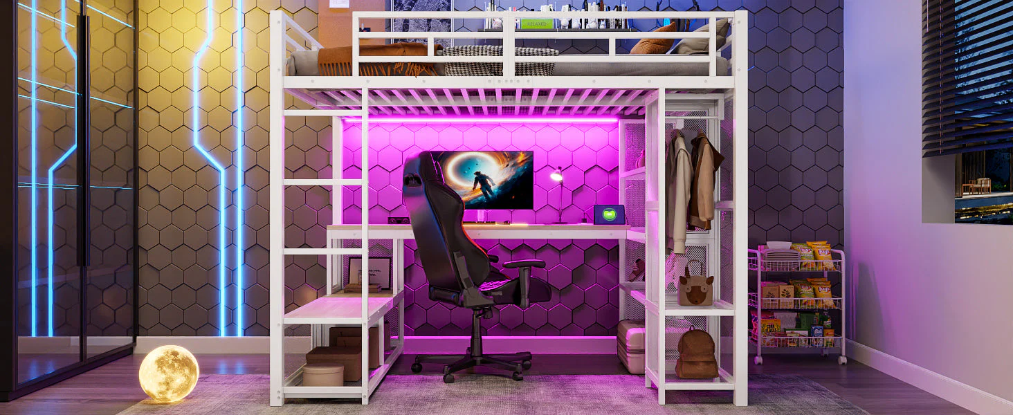 Metal Loft Bed with Wardrobe, USB Port and LED Lighting, White - Image 6