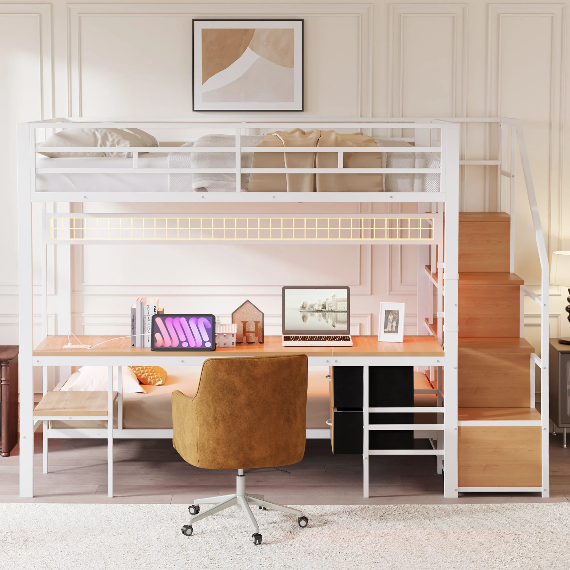 Metal Loft Bunk Bed with Desk LED Storage 140x200/90x200 White - Image 5