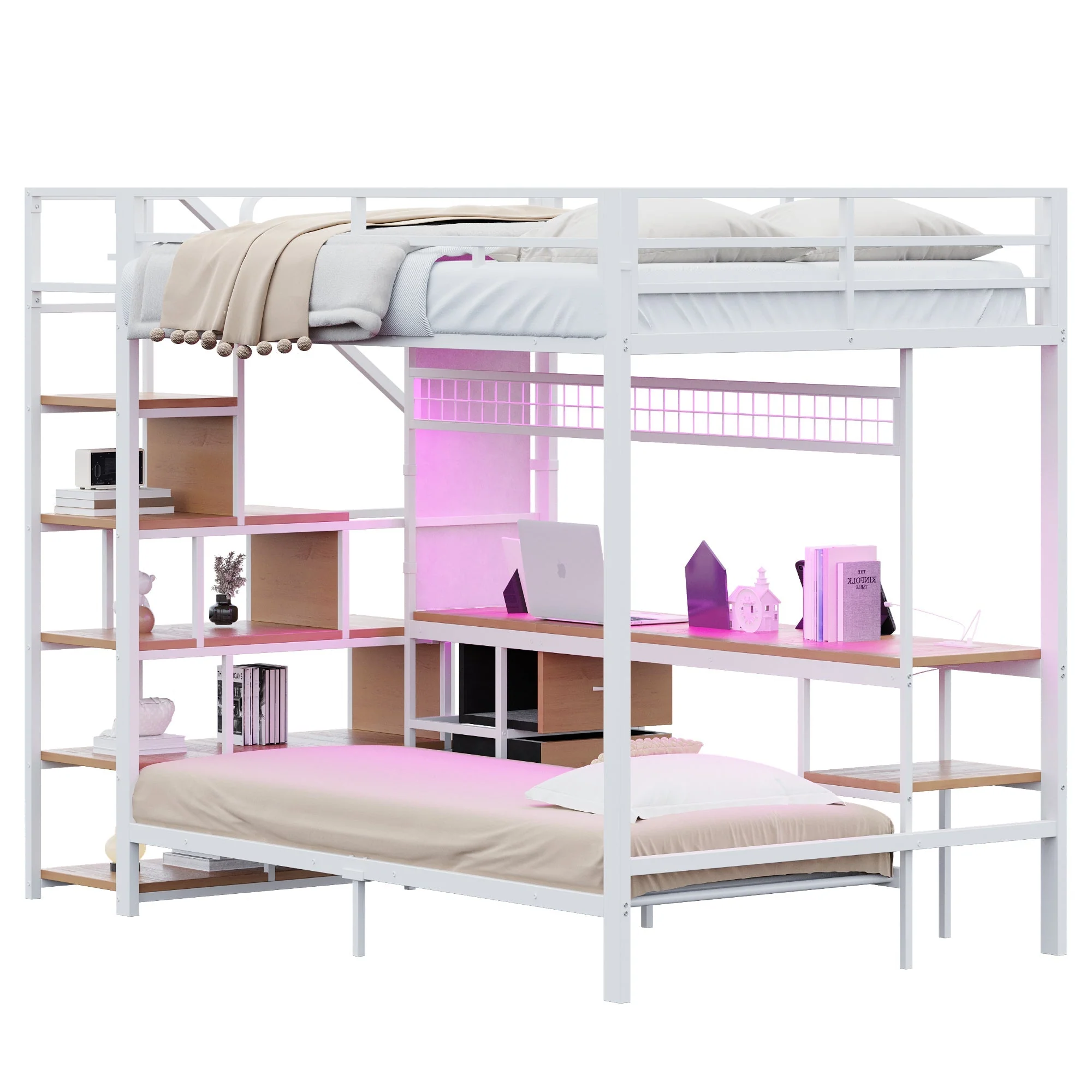 Metal Loft Bunk Bed with Desk LED Storage 140x200/90x200 White - Image 8