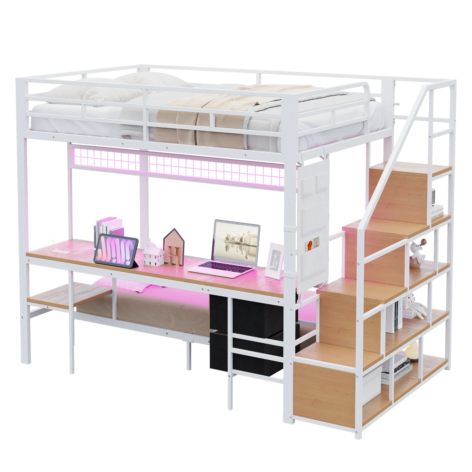 Metal Loft Bunk Bed with Desk LED Storage 140x200/90x200 White - Image 9