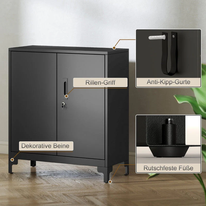 Metal Office Cabinet, Lockable 2-Tier Design, Black - Image 6