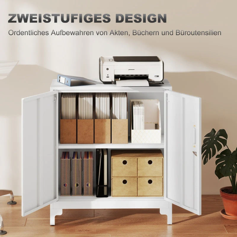 Metal Office Cabinet, Lockable Doors 2-Tier, White - Image 4