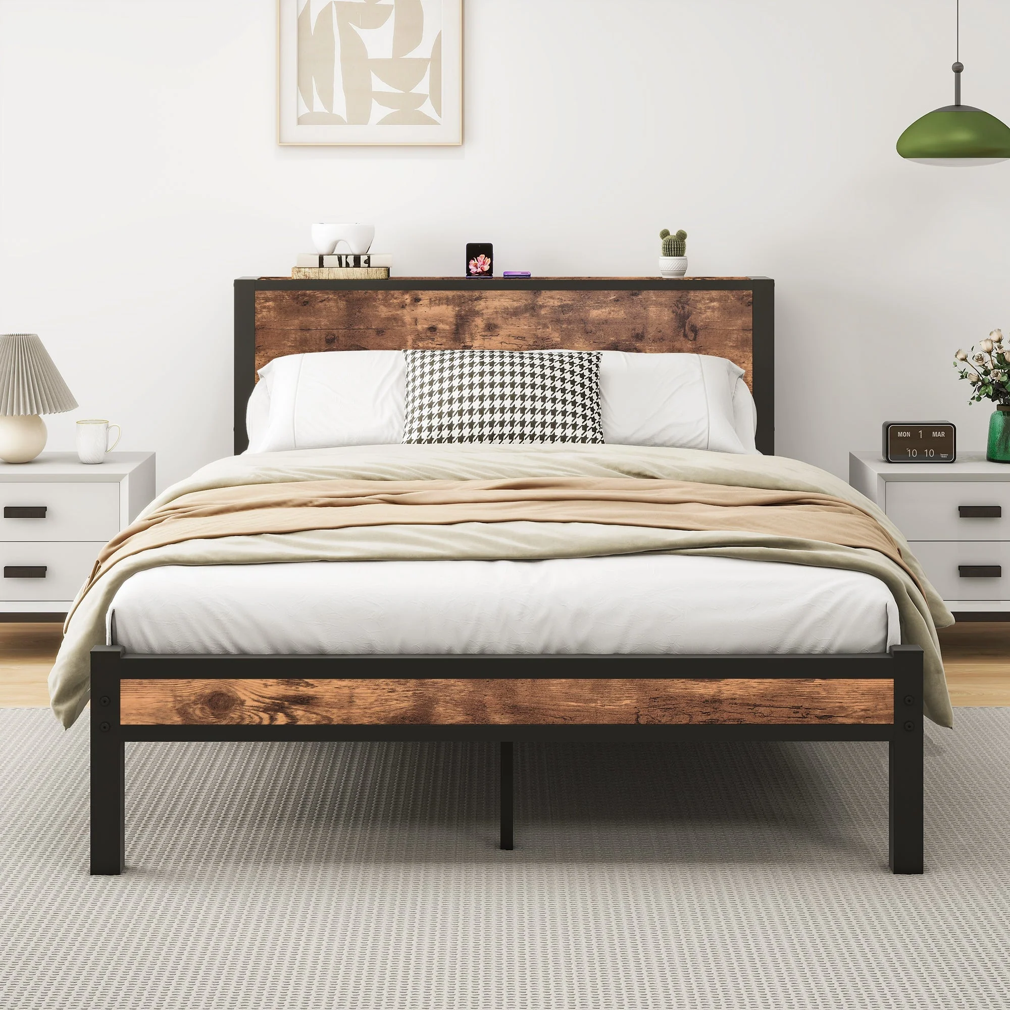Metal Platform Bed Frame 140x200cm Storage Headboard Noiseless, Vintage Brown - Image 2