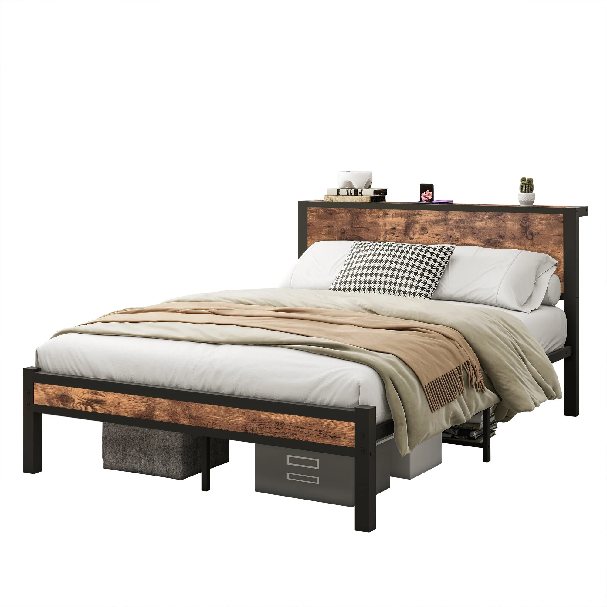 Metal Platform Bed Frame 140x200cm Storage Headboard Noiseless, Vintage Brown - Image 8
