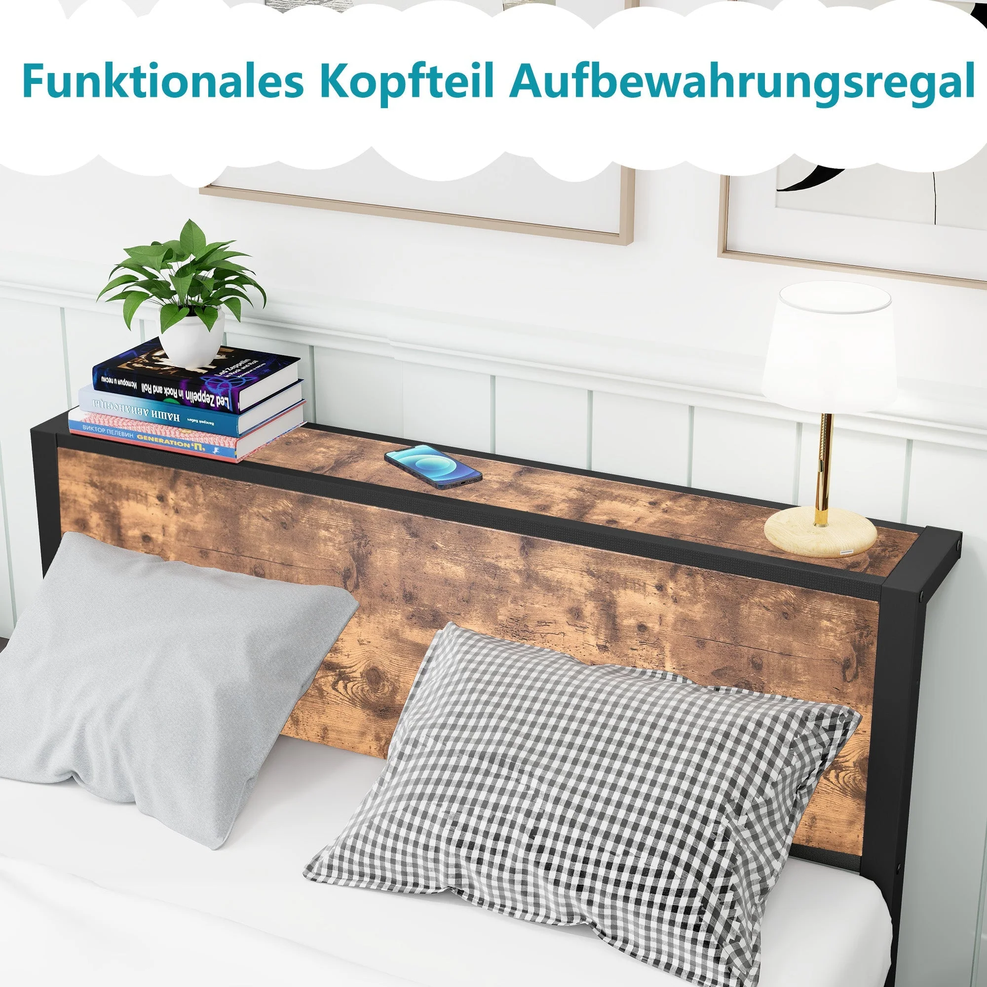 Metal Platform Bed Frame with Storage Headboard, Noise-Free, Vintage Brown - Image 4