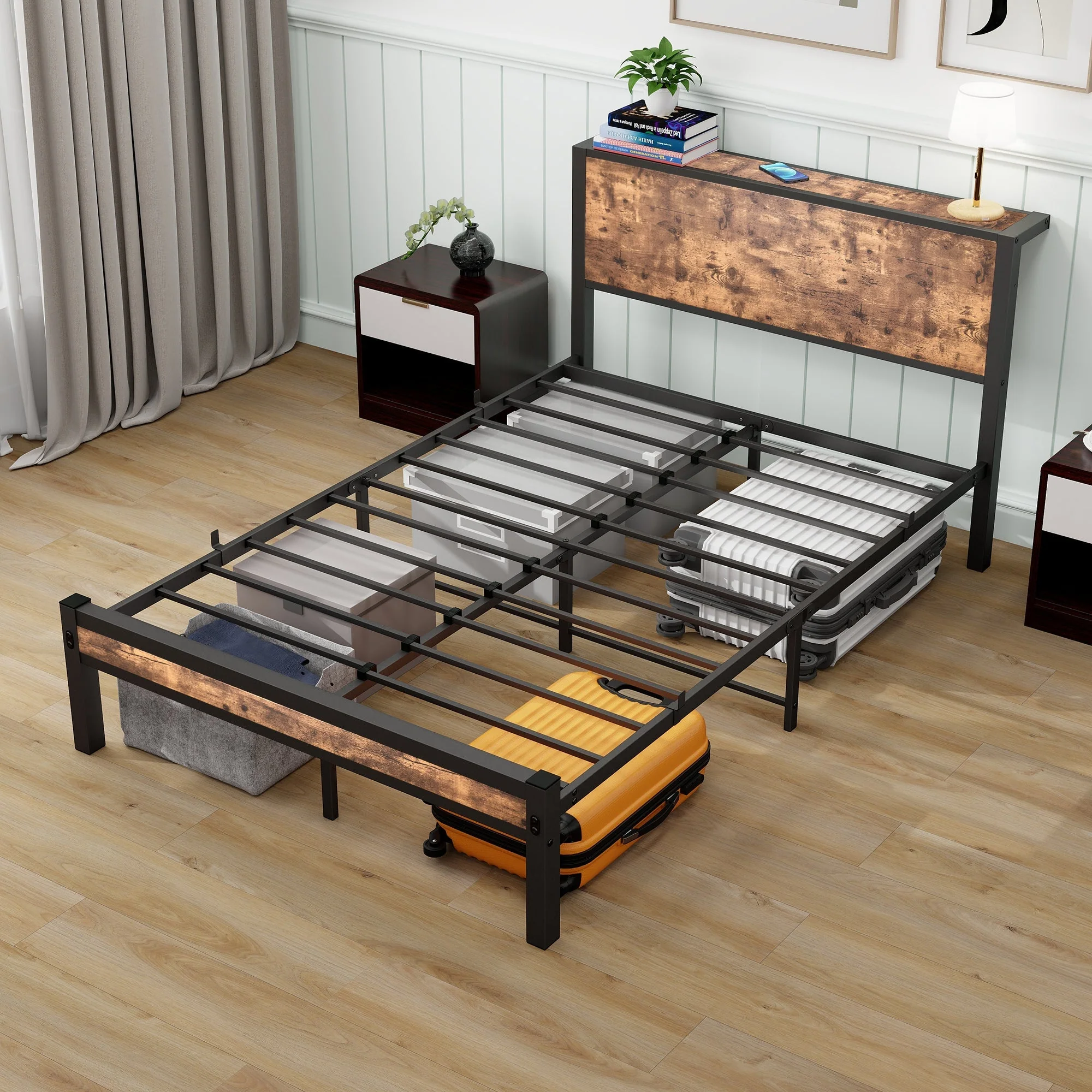 Metal Platform Bed Frame with Storage Headboard, Noise-Free, Vintage Brown - Image 7