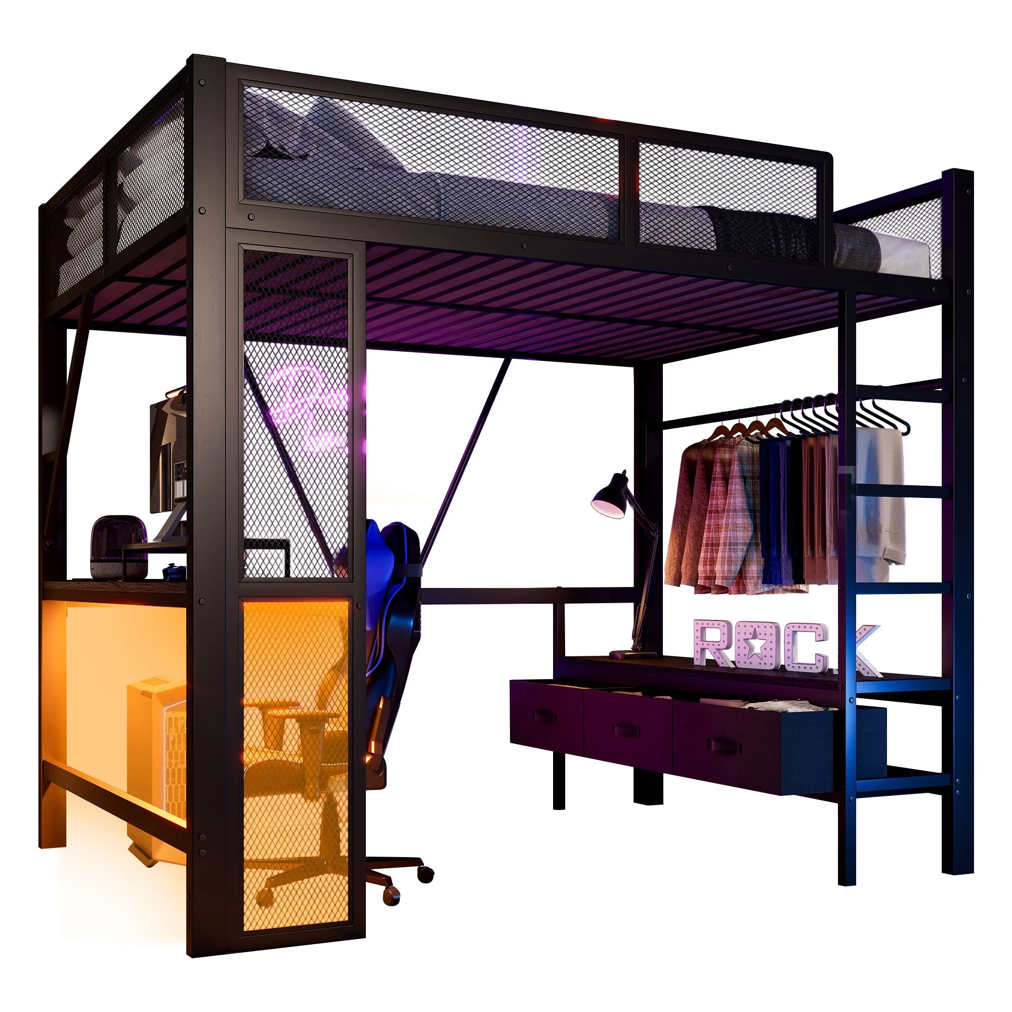 Metal Play Loft Bed with USB, LED, Desk and Wardrobe, 140x200cm, Black Metal - Image 4