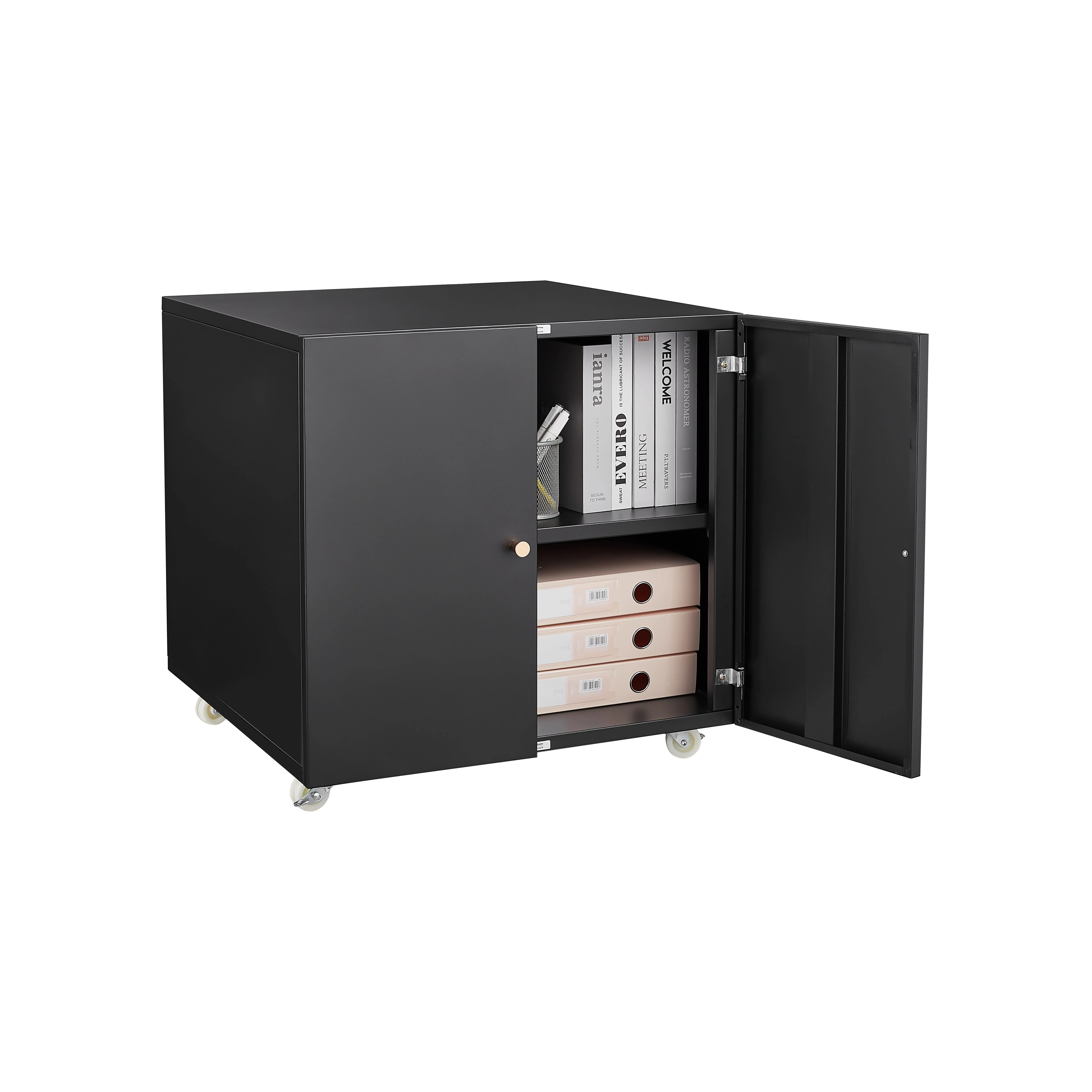 Metal Printer Stand Storage Door Adjustable Shelf File Cabinet Wheels - Black - Image 3