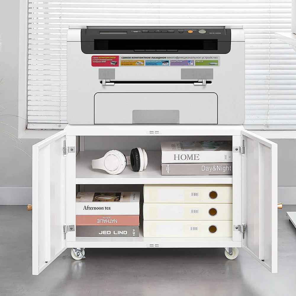 Metal Printer Stand Storage with Door, Shelf & Wheels - White - Image 7