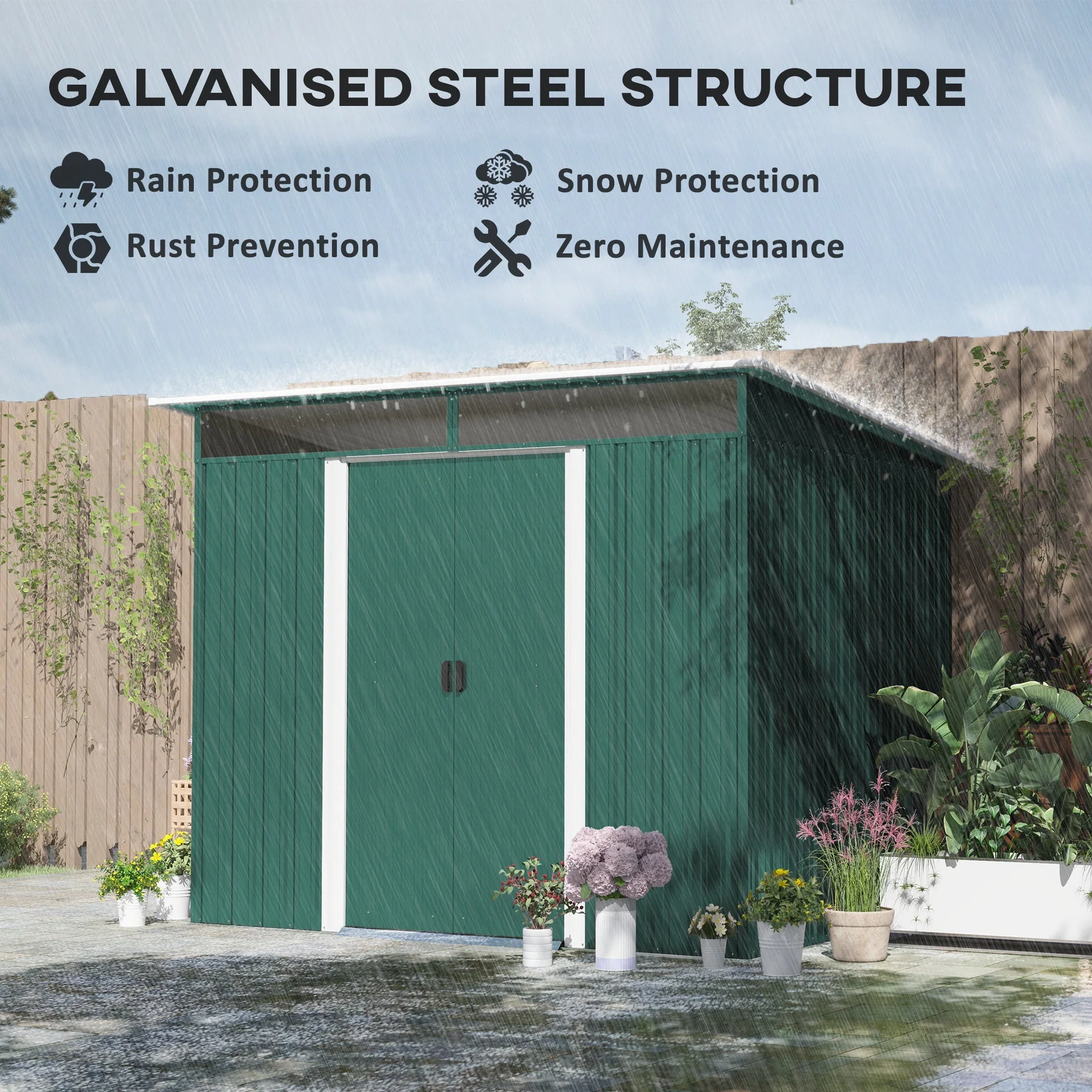 Metal Shed 8.5 x 6ft, Lightsky Panels Garden Storage Tool House Double Doors, Green - Image 4