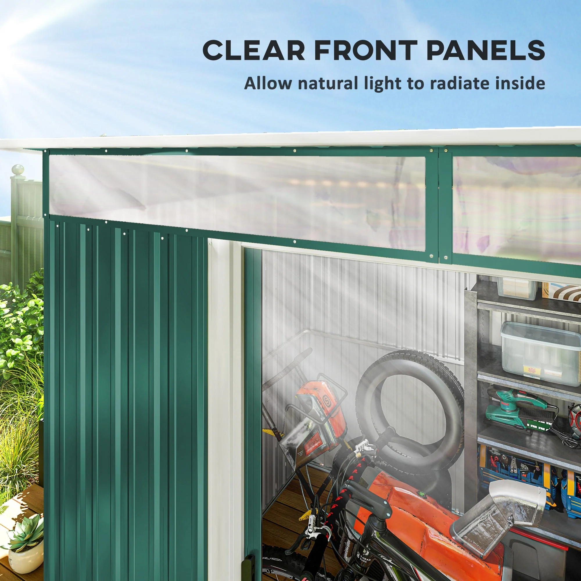 Metal Shed 8.5 x 6ft, Lightsky Panels Garden Storage Tool House Double Doors, Green - Image 6
