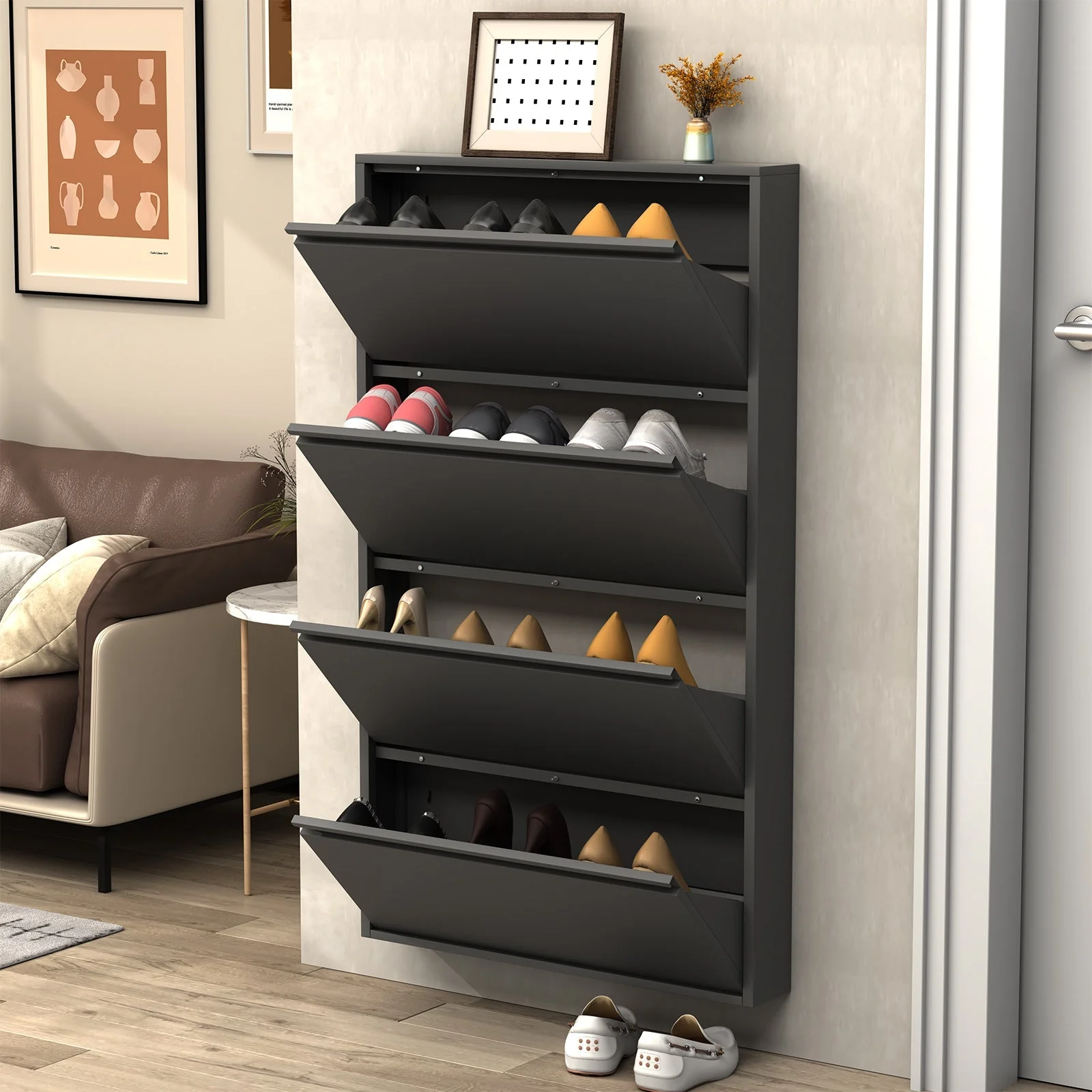 Metal Shoe Cabinet 4 Flip Drawers Narrow Wall Mount Black - Image 4