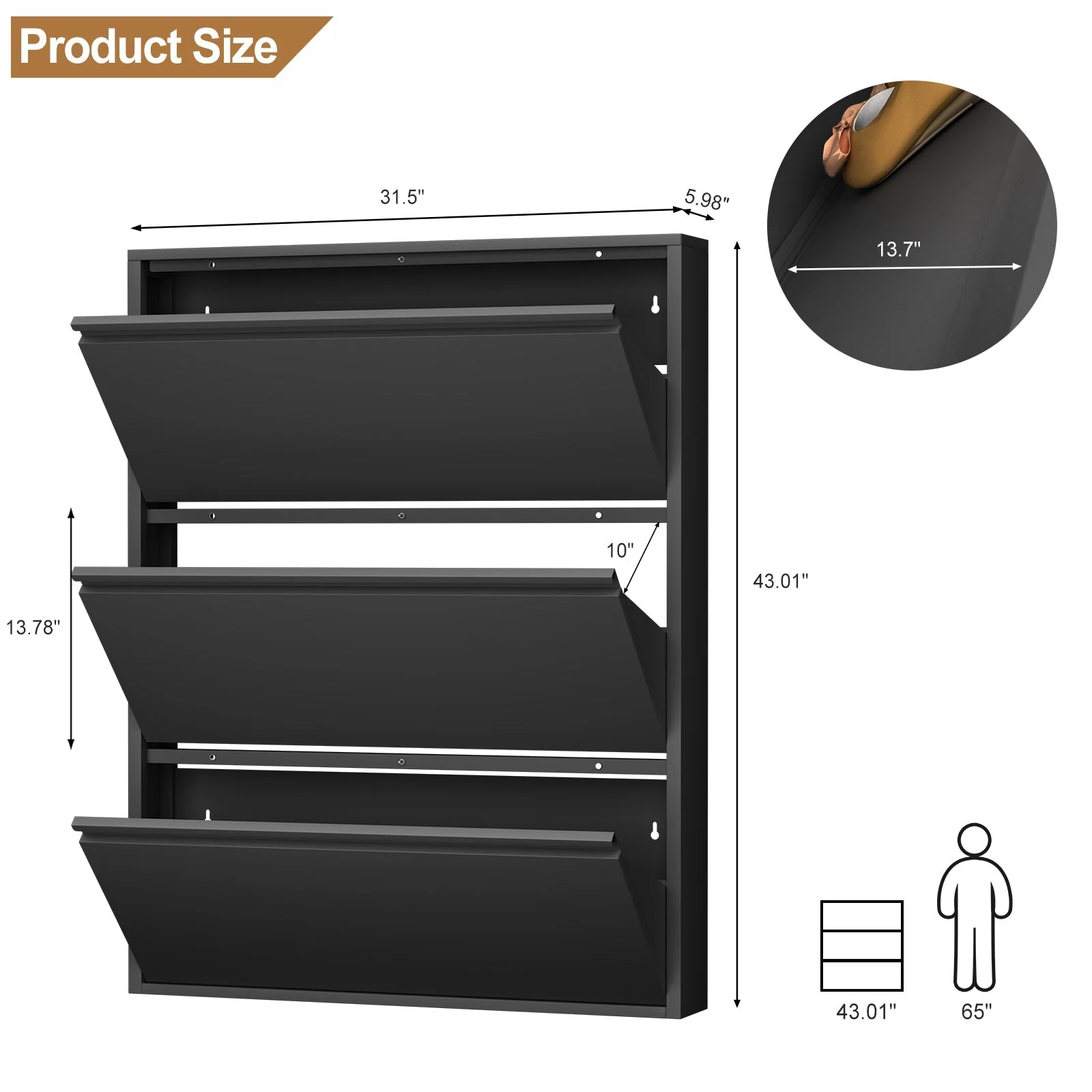 Metal Shoe Cabinet with 3 Flip Drawers and Wall Mount for Entryway, Black Metal - Image 2