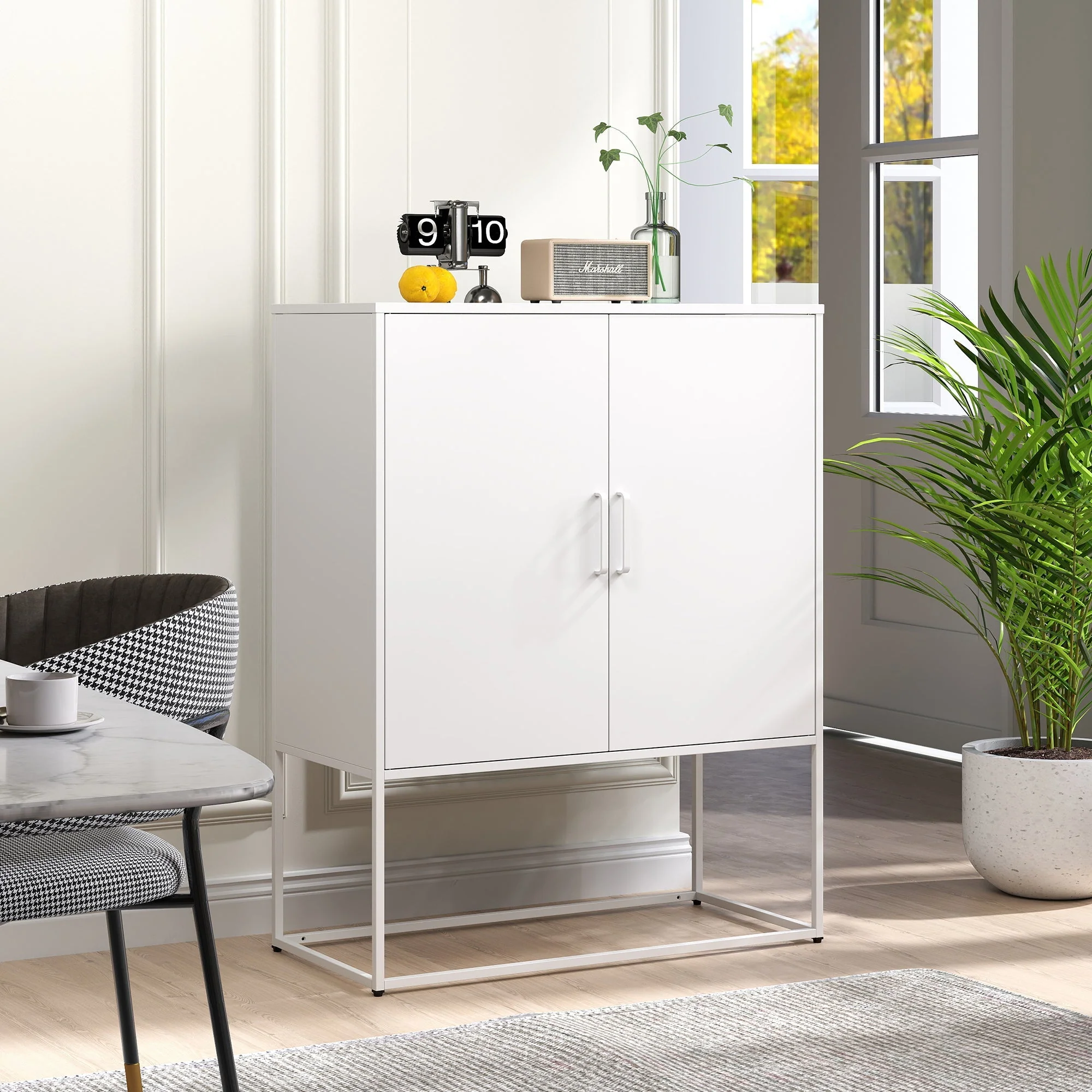 Metal Sideboard 2 Shelves Magnetic Doors Freestanding - White - Image 8