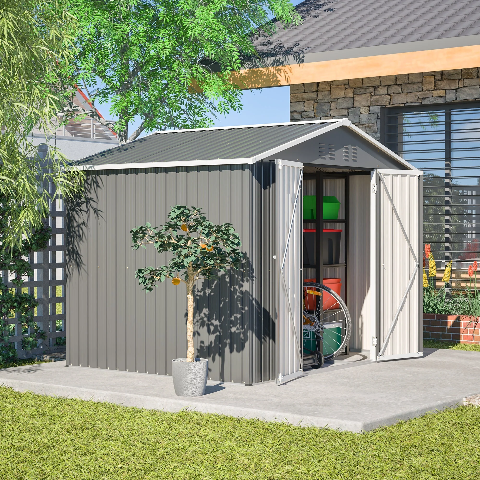 Metal Tool Shed, 8x6FT Folding Door, Anthracite Grey