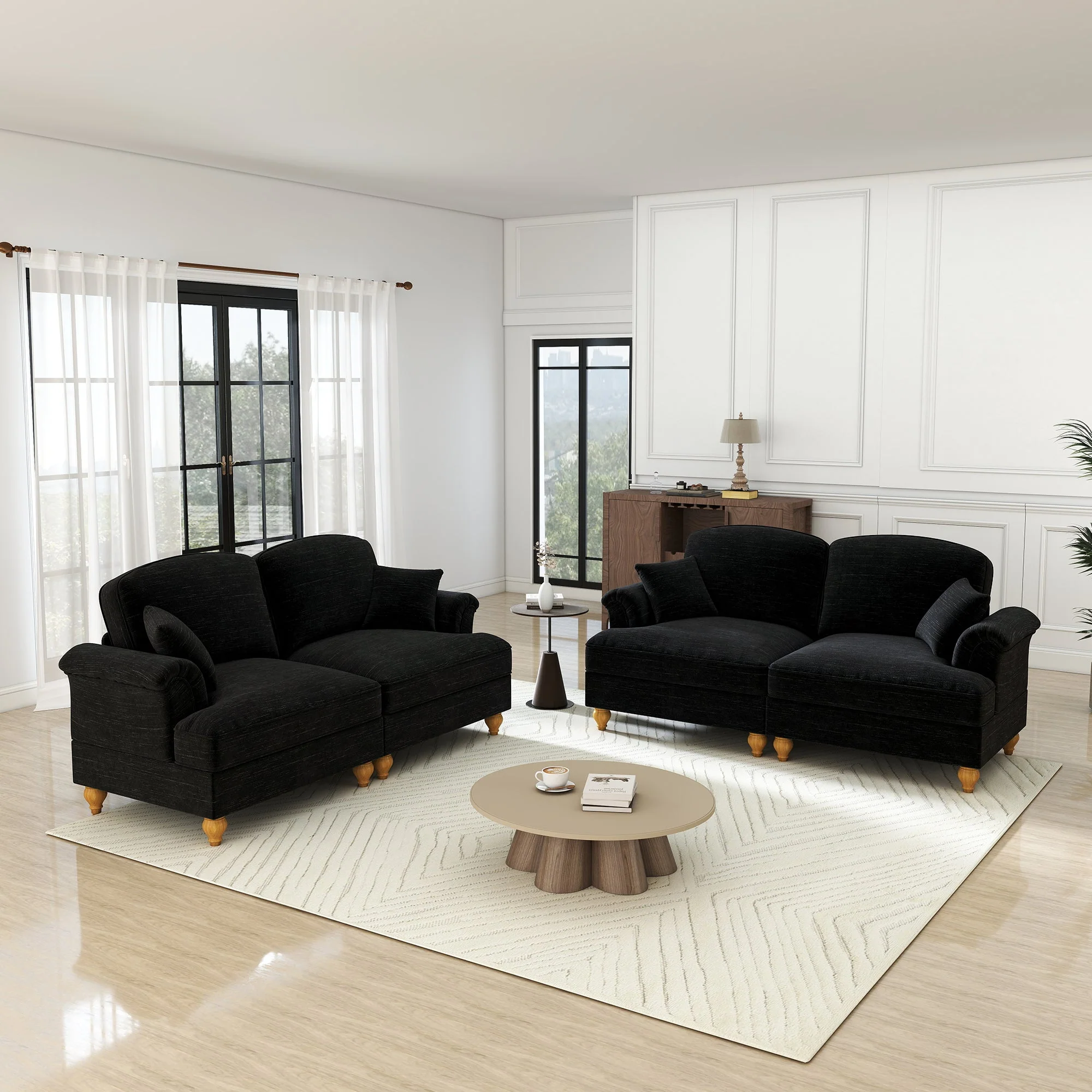 Mid-Century L-Shaped 2-Seater Sofa with Movable Ottoman - Black Chenille